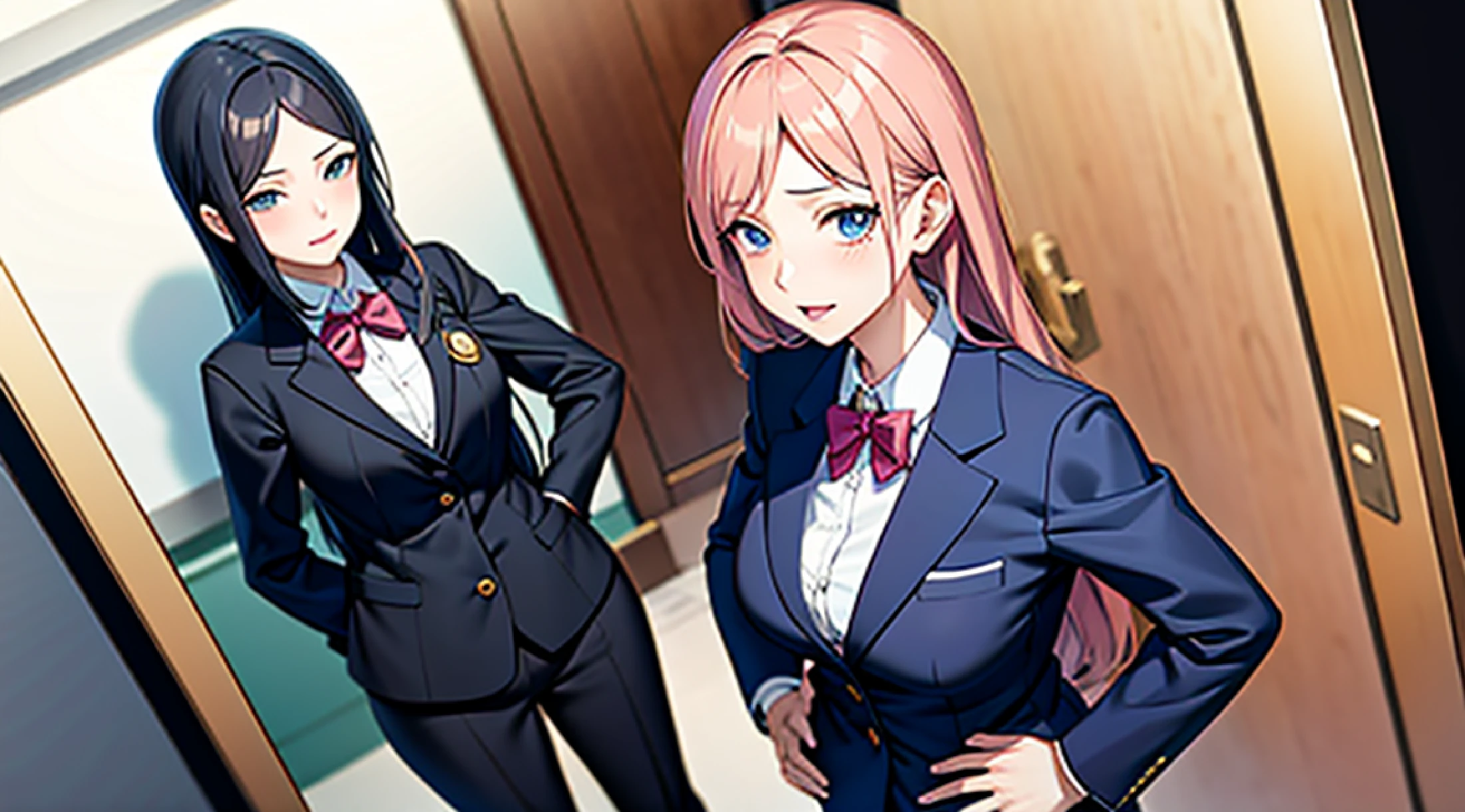 Anime girl in suit standing in doorway with hands on hips, kawaii realistic portrait, Anime visuals of cute girls, Portrait Anime Girl, In an anime style, a female anime character, full protrait, Smooth Anime CG Art, anime character portrait, marin kitagawa fanart, anime style portrait, portrait of cute anime girlbabes, Wearing a strict business suit