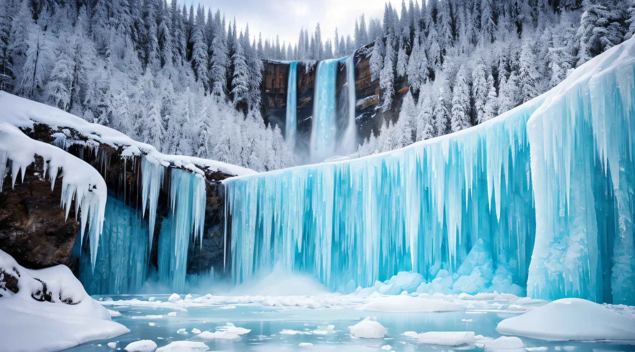 Frozen Canadian Waterfall, A breathtaking spectacle of nature, a frozen cascade of crystalline ice towers in Canada. Surreal. Majestic, with an air of grandeur. Pristine, glacial, shimmering ice, transforming the scene into a frozen wonderland.