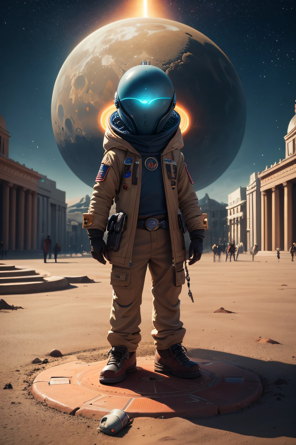 on an alien planet mars, a brilliant and detailed magical remote control is installed in a central square it is a place of worship to the remote god, it controls the universe with a light beam, an alien does a moonwalk like mickeal jackson