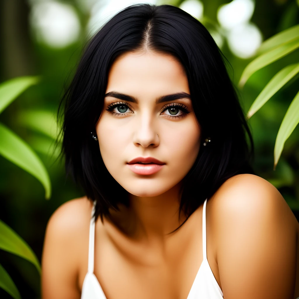 gorgeous woman with black hair and piercing eyes portrait photo with a background of vegetation and has tanned skin photo realistic woman alone in the photo