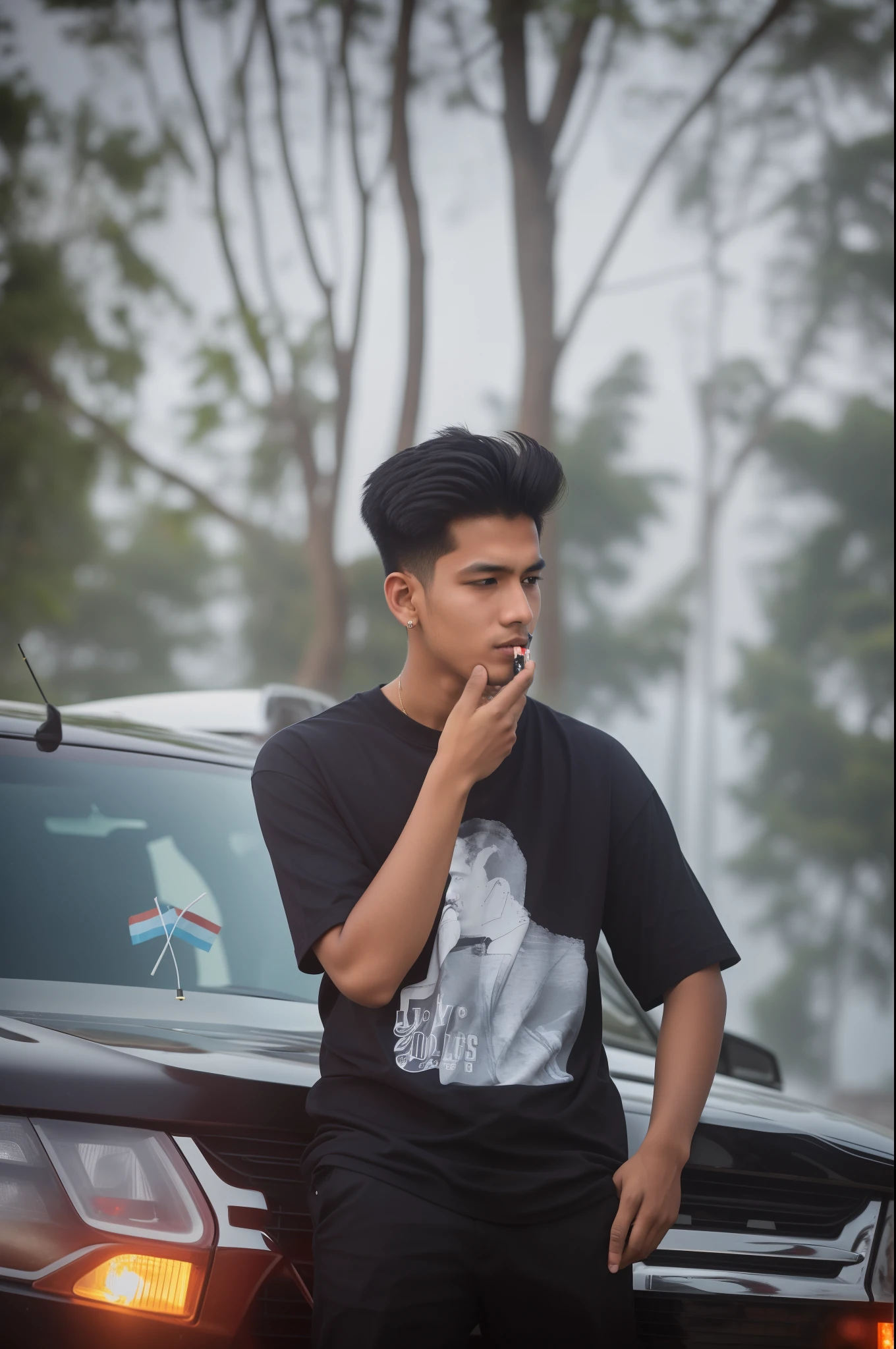 there is a man standing next to a car smoking a cigarette, nivanh chanthara, potrait, teenage boy, ayan nag, profile pose, thawan duchanee, around 1 9 , candid picture, good looking face, young man, pretty face!!, with a cool pose, lost in thought, taken at golden hour, profile shot
