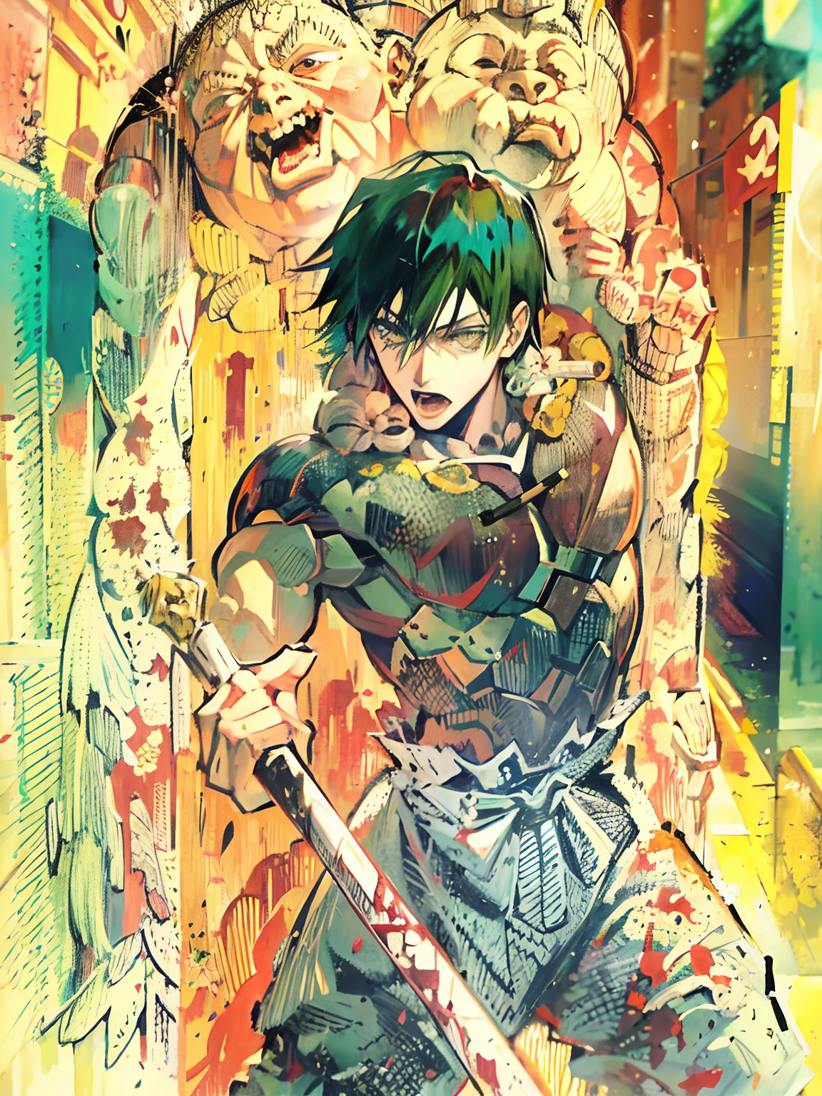 Painting of a man with a baseball bat next to a tree, berserk art style, guts from berserk, berserk style, Roronoa Zoro, Kentaro Miura Manga Art Style, Inspired by Yanagawa Nobusada, Guts Berserk, manga painting, portrait of guts from berserk, kentaro miura art、Fushiguro Takumi of Jujutsu Kaisen