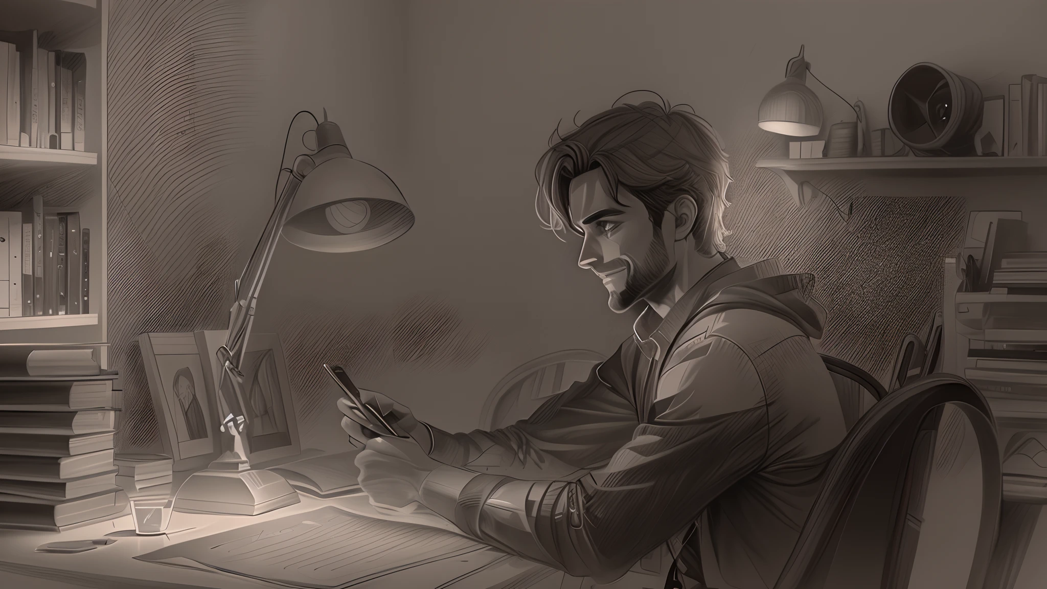 I want an example of 4 male characters in graphite pencil sketch, 8k camera, to put in profile on tiktok