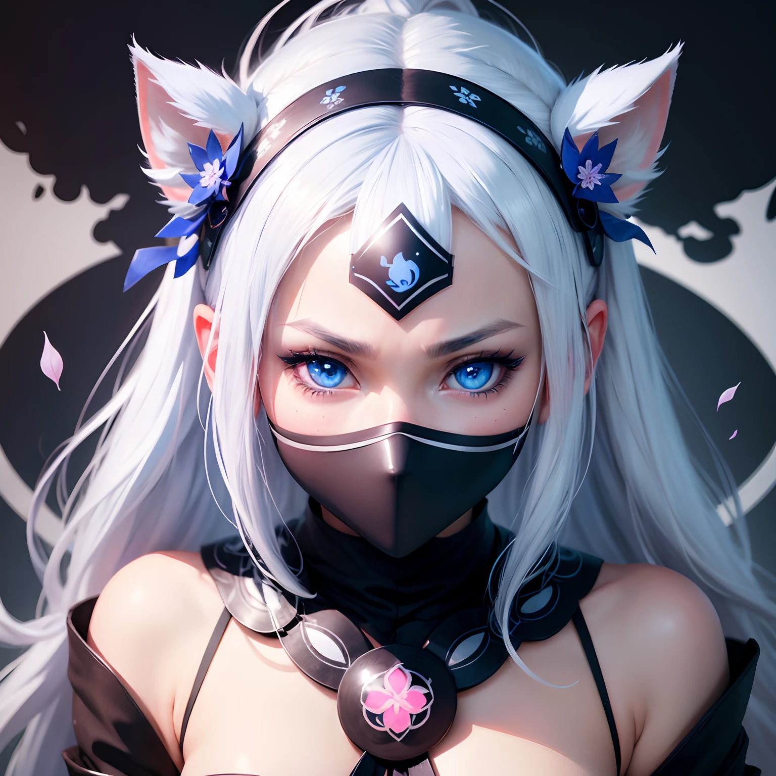 Ninja girl portrait, beatiful blue eyes, ultra detailed eyes, blush, white hair, white mask, face covering white mask, 8k, masterpiece, dark background, magic symbols , neko ears, forehead symbol, sakura leaves