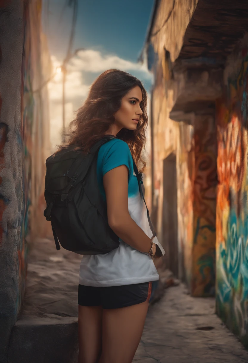 (Best quality), Masterpiece, Extremely detailed CG uniform 8K illustration, High color, Extremely high color saturation, All colors are deepened, Paint, scribble art, Center composition, Extremely detailed light and shadow, graffiti wall, The walls are brightly painted, 1 girl graffiti 1 girl looking at the wall, Extremely detailed face and eyes, Medium length hair, Sportswear, Colored clouds