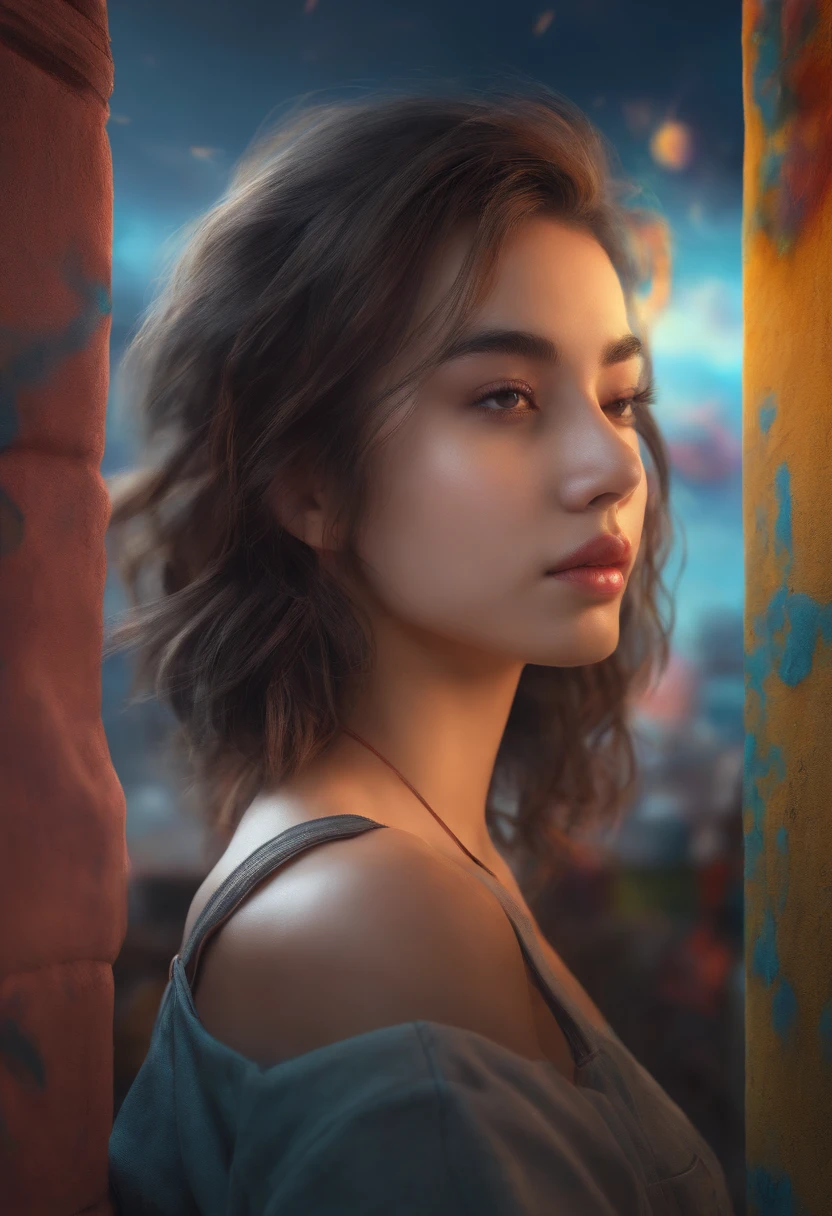 (Best quality), Masterpiece, Extremely detailed CG uniform 8K illustration, High color, Extremely high color saturation, All colors are deepened, Paint, scribble art, Center composition, Extremely detailed light and shadow, graffiti wall, The walls are brightly painted, 1 girl graffiti 1 girl looking at the wall, Extremely detailed face and eyes, Medium length hair, Sportswear, Colored clouds