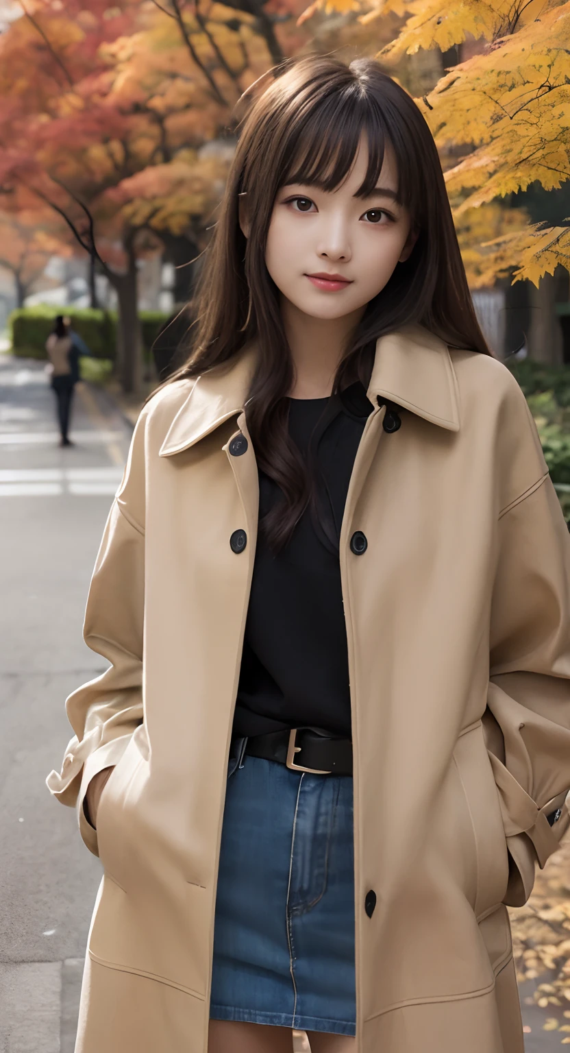 (top-quality、masterpiece:1.2)、Best Quality、realisitic、photoshot、hight resolution、1080p、8K、Textured skin、Physical Rendering、1 Japan Girls、High school students、kawaii、Young Face、Rolled hair、(Autumn coat:1.5)、Street、full of shyness、smil、Big