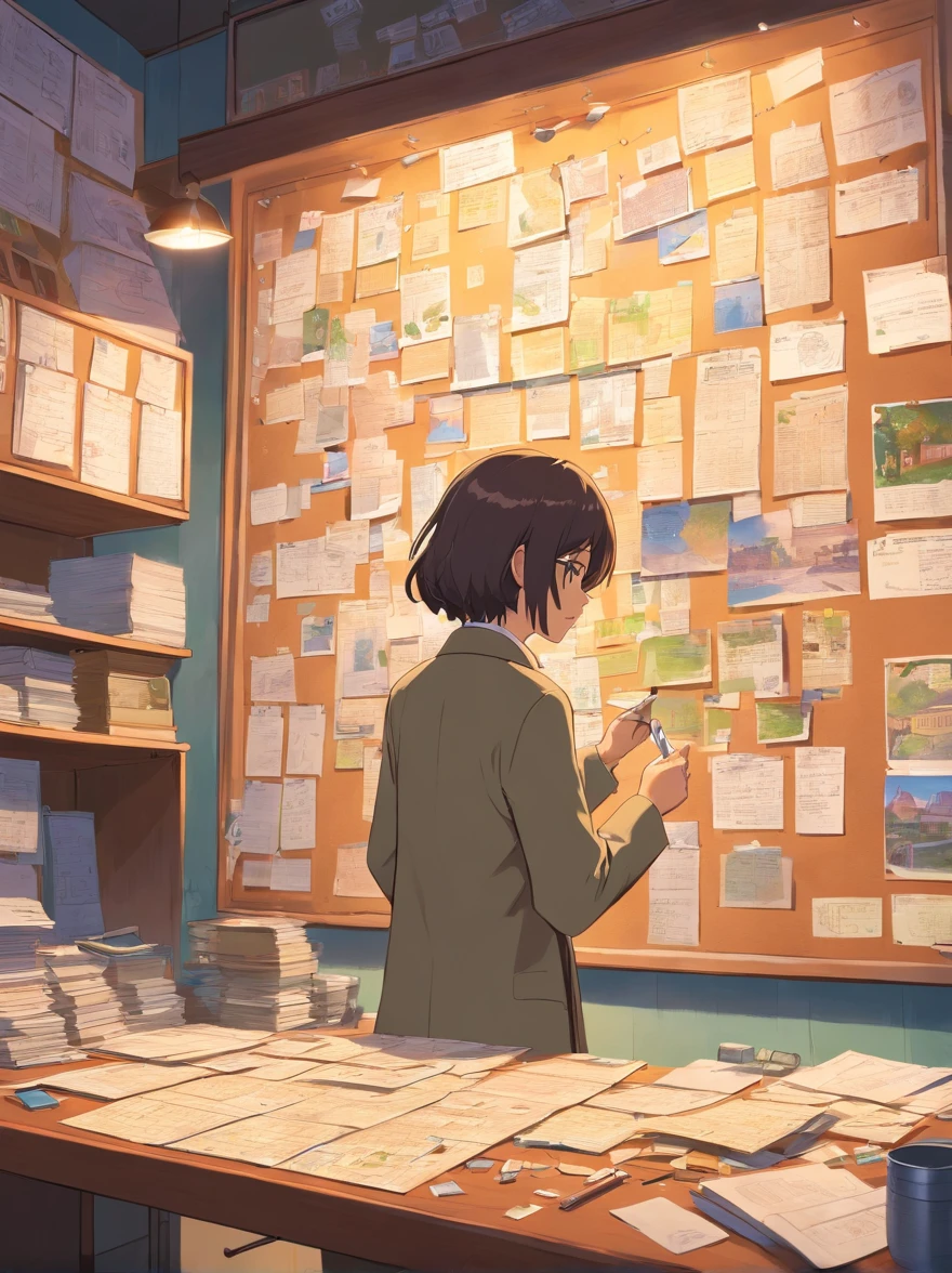 An image depicting a detective examining intricate clues on a corkboard filled with photographs, notes, and strings connecting them