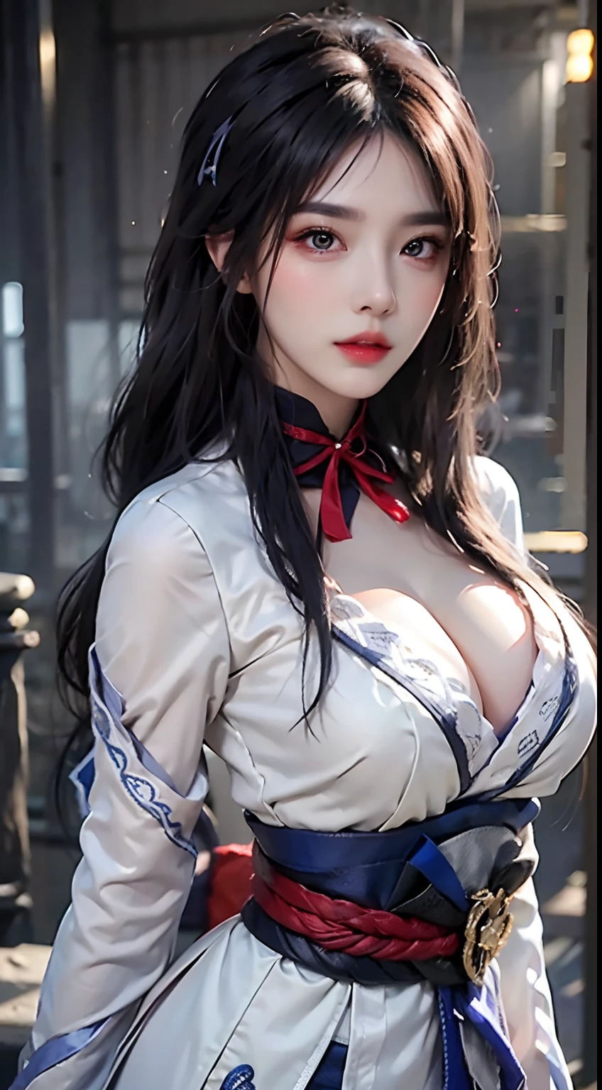 Photorealistic, high resolution, 1 girl, White long hair, Beautiful eyes, normal breast, Raiden General costume