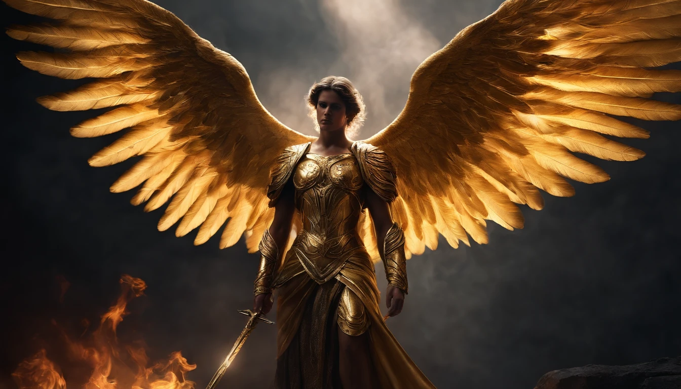 Ultra-realistic angel image: A golden angel with spread wings,Holding a fire sword in his hand,There was gloom in the gloom。, Black smoke settings