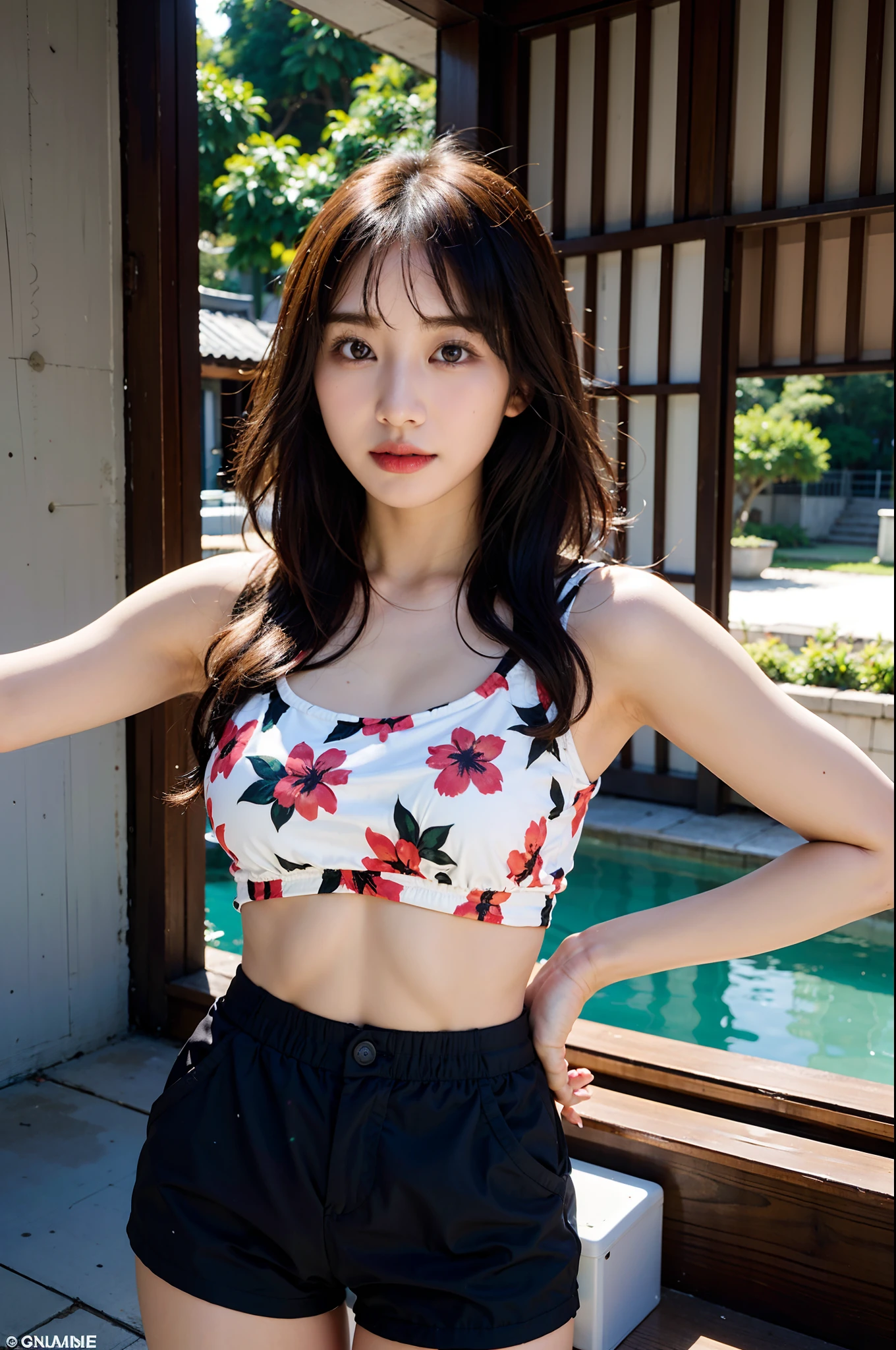 arafed asian woman in a floral top and black shorts posing for a picture, wearing two - piece swimsuit, beautiful asian girl, asian girl, attractive pose, is wearing a swimsuit, cutecore, with beautiful exotic, attractive girl, young and cute girl, young asian girl, cute girl, korean girl, sakimichan, japanese model