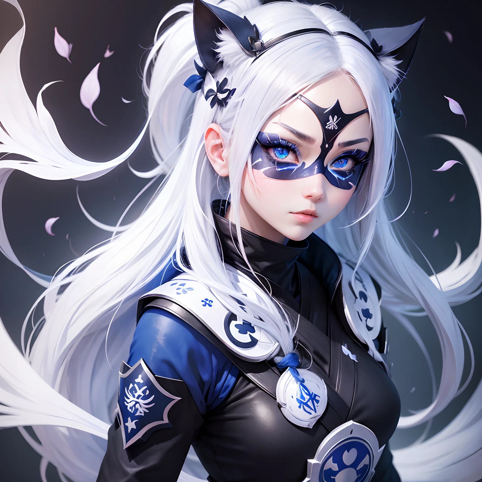 Ninja girl portrait, beatiful blue eyes, ultra detailed eyes, blush, white hair, white mask, face covering white mask, 8k, masterpiece, dark background, magic symbols , neko ears, forehead symbol, sakura leaves