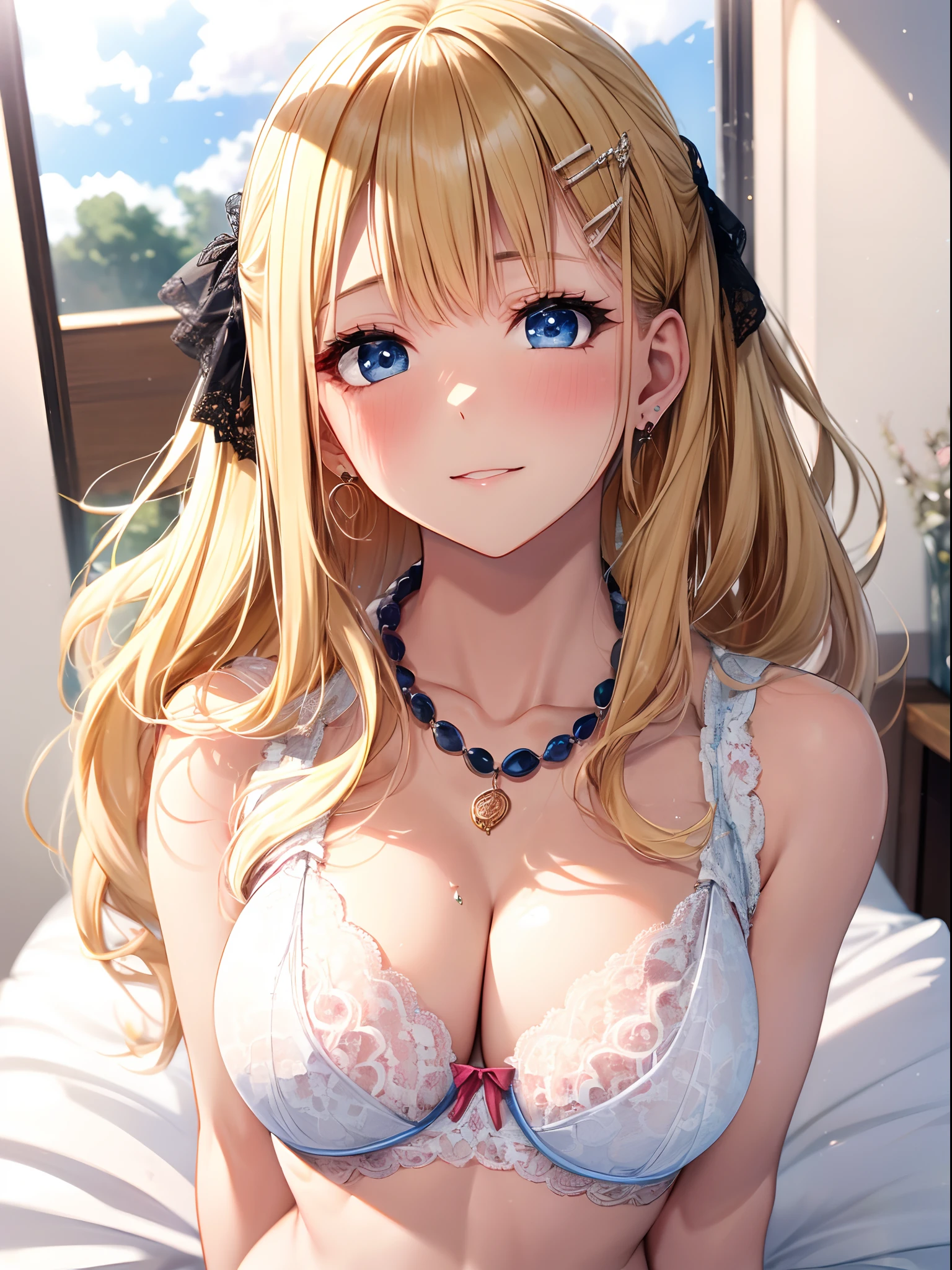 absurderes, ultra-detailliert,bright colour, extremely beautiful detailed anime face and eyes, view straight on, ;D, shiny_skin,25 years old, (Lace Sleeveless Lift:1.5),(Fashionable bras:1.4) ,Short hair,(Palace bedroom) , asymmetrical bangs, Blonde hair with short twin tails, Shiny hair, Delicate beautiful face, red blush、(Deep Blue Eyes:1.3), White skin, hair clips, earrings, a necklace, Brown clothes, Beautiful cloud, Dusk sky,