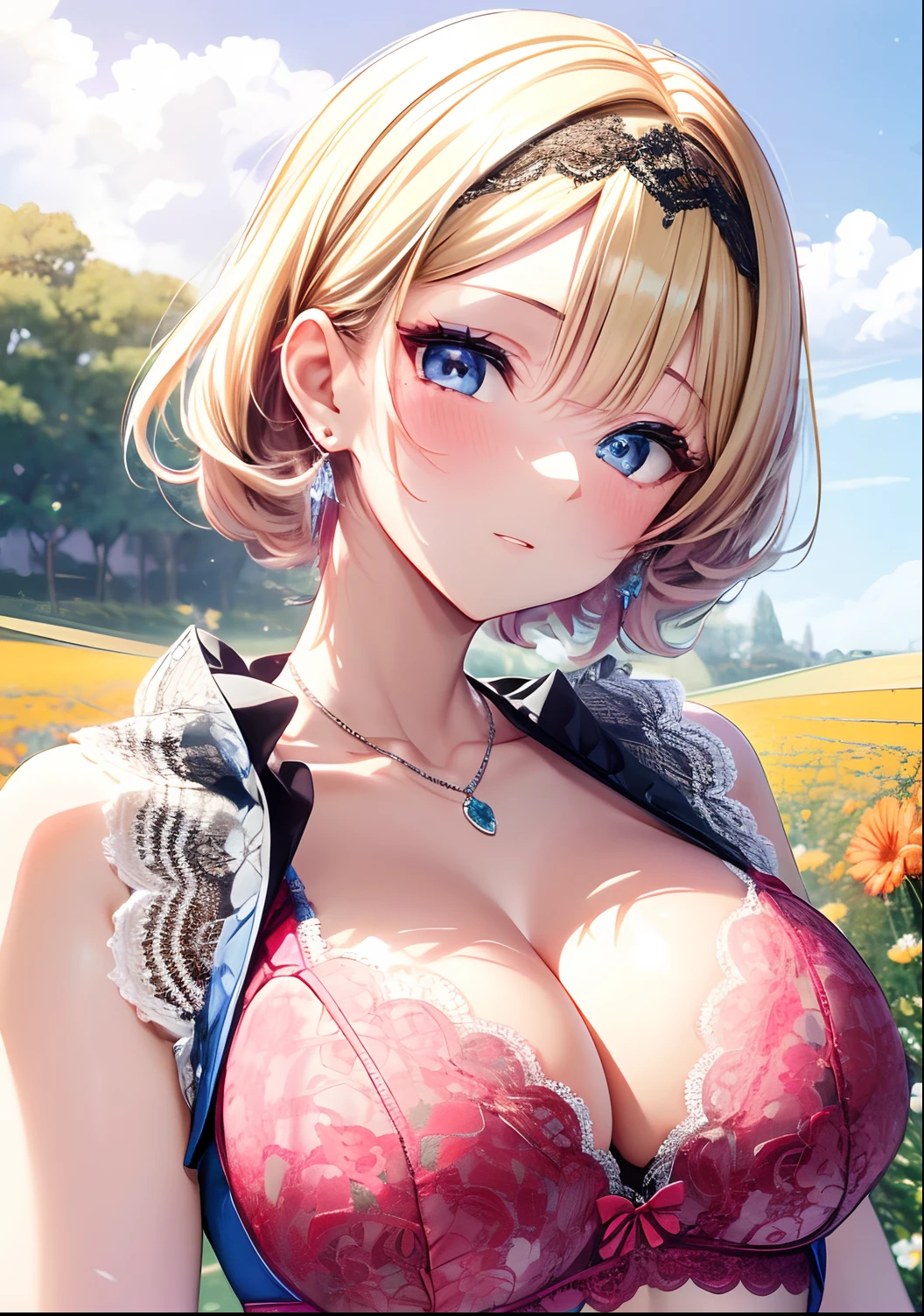 absurderes, ultra-detailliert,bright colour, extremely beautiful detailed anime face and eyes, view straight on, ;D, shiny_skin,25 years old, (Lace Sleeveless Lift:1.6),(Fashionable bras:1.5) ,Short hair, , asymmetrical bangs, Blonde hair with short twin tails, Shiny hair, Delicate beautiful face, red blush、(Deep Blue Eyes:1.3), White skin, hair clips, earrings, a necklace, Brown clothes, Beautiful cloud, Dusk sky,flower field
