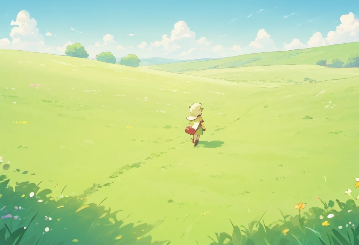 Raster animation,A person walks from left to right on the steppe,Lonely figure,Green lawn,Broad horizons,It gives a pleasing feeling。