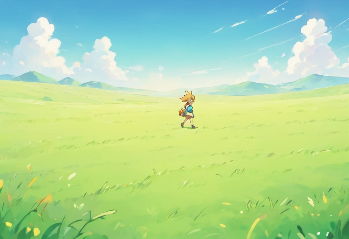 Raster animation,A person walks from left to right on the steppe,Lonely figure,Green lawn,Broad horizons,It gives a pleasing feeling。