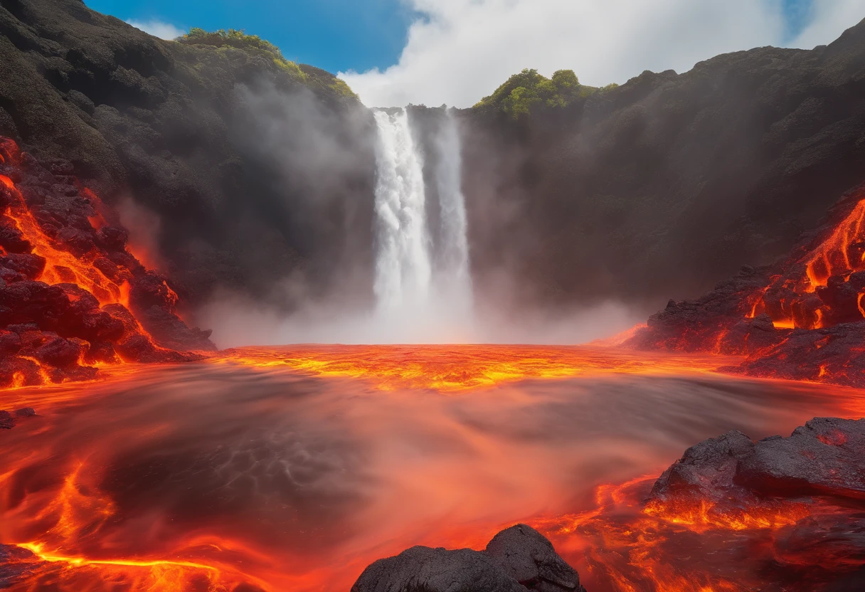 National Geographic style picture, Award winning,(best detailed: 1.5), an picture of an epic sized waterfall in the volcano at midday , an (epic sized waterfall: 1.3), water coming down from a volcanic cliff, multi level water falls, several pools created in different levels, forming new waterfalls, water cascading into a (large lava pool: 1.3) steam rising, clear water in many hues of blue and azure falling, hitting a pool of lava in colors of orange and red, boiling lava, you can see the water hitting the pool and (steam of fog rising from the pool: 1.2) , drops of water splashing around, volcanic cliff background, a long shot, photorealistic, 16k, RAW, award winning, (best detailed: 1.5), masterpiece, best quality, (best detailed: 1.3), full body, ultra wide shot