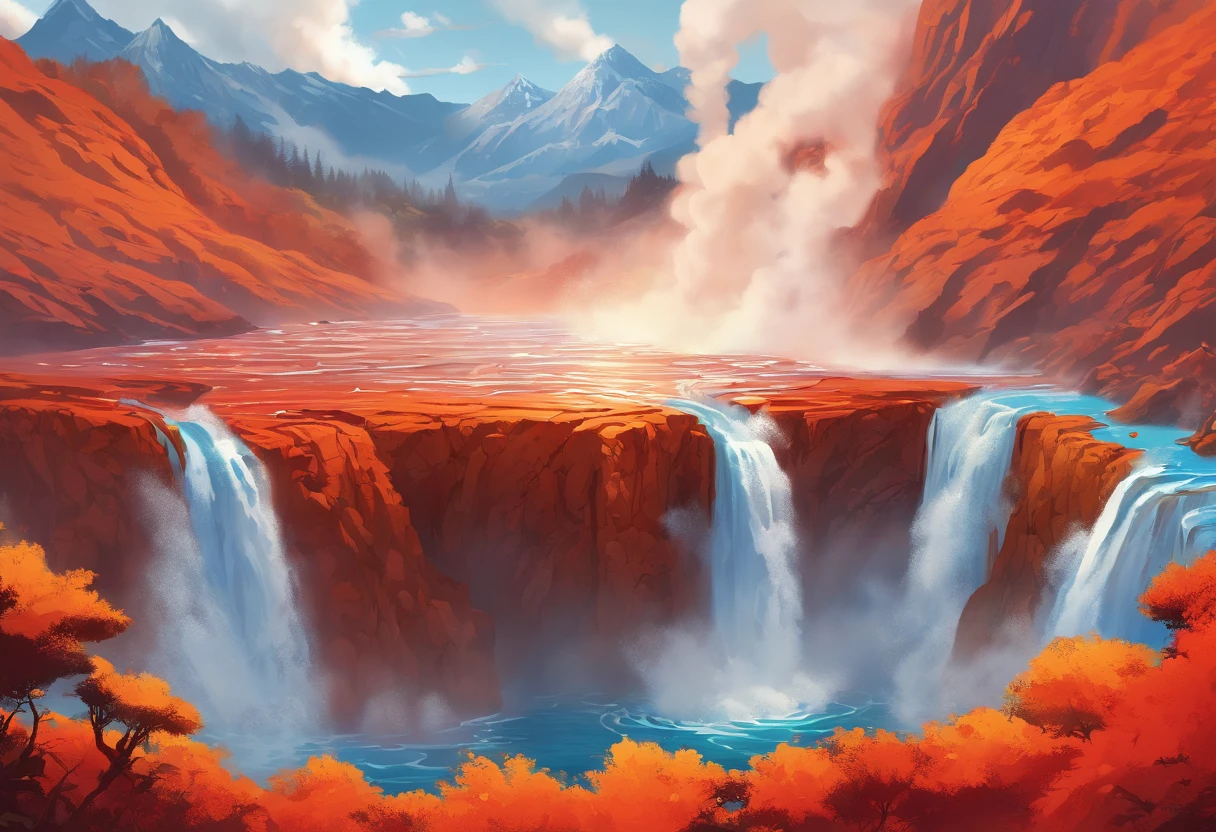 National Geographic style picture, Award winning,(best detailed: 1.5), an picture of an epic sized waterfall in the volcano at midday , an (epic sized waterfall: 1.3), water coming down from a volcanic cliff, multi level water falls, several pools created in different levels, forming new waterfalls, water cascading into a (large lava pool: 1.3) steam rising, clear water in many hues of blue and azure falling, hitting a pool of lava in colors of orange and red, boiling lava, you can see the water hitting the pool and (steam of fog rising from the pool: 1.2) , drops of water splashing around, volcanic cliff background, a long shot, photorealistic, 16k, RAW, award winning, (best detailed: 1.5), masterpiece, best quality, (best detailed: 1.3), full body, ultra wide shot