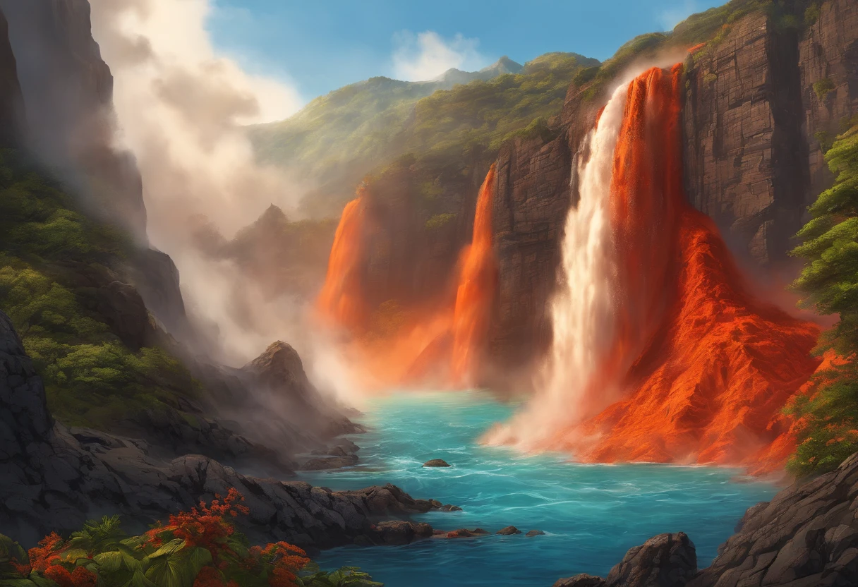 National Geographic style picture, Award winning,(best detailed: 1.5), an picture of an epic sized waterfall in the volcano at midday , an (epic sized waterfall: 1.3), water coming down from a volcanic cliff, multi level water falls, several pools created in different levels, forming new waterfalls, water cascading into a (large lava pool: 1.3) steam rising, clear water in many hues of blue and azure falling, hitting a pool of lava in colors of orange and red, boiling lava, you can see the water hitting the pool and (steam of fog rising from the pool: 1.2) , drops of water splashing around, volcanic cliff background, a long shot, photorealistic, 16k, RAW, award winning, (best detailed: 1.5), masterpiece, best quality, (best detailed: 1.3), full body, ultra wide shot