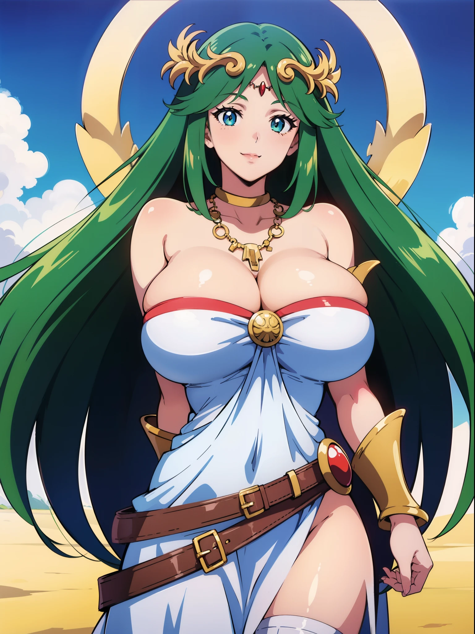1990s anime cels style, 1990s manga style, best quality, high resolution, 1girl, (????????????:1.2), Beautiful face, smile, hmpa1, palutena, parted bangs, tiara, ?????????????, necklace, ???? shoulders, strapless dress, vambraces, belt, white dress, white thighhighs, single thighhigh, sky