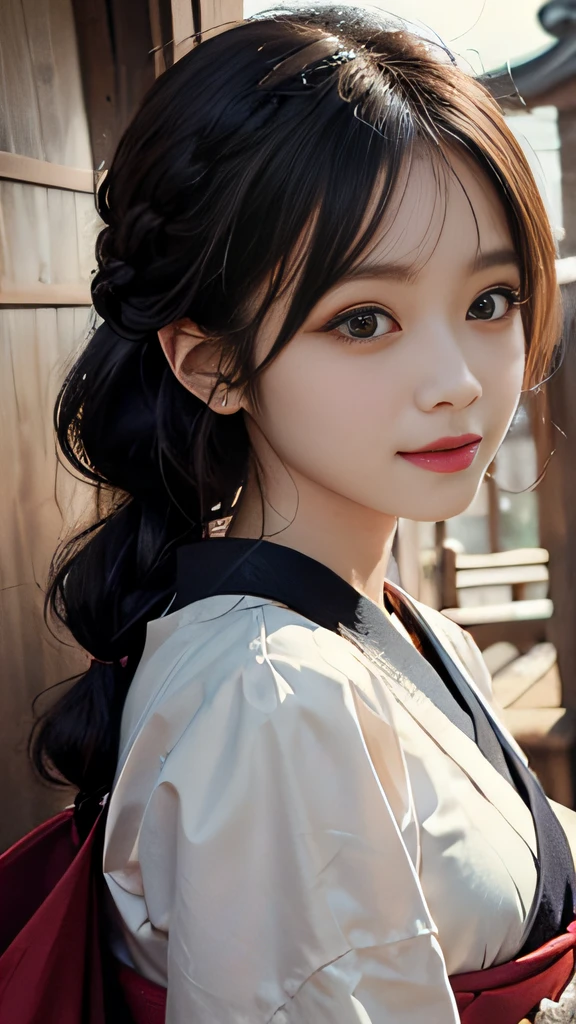 (photoreaslistic:1.2), black hair, braid, hair over shoulder, mole under eye, longeyelashes, solid circle eyes, light smile, from side, UHD, masterpiece, textured skin, super detail, high details, highres, 16k, (japanaese girl:1.25),
