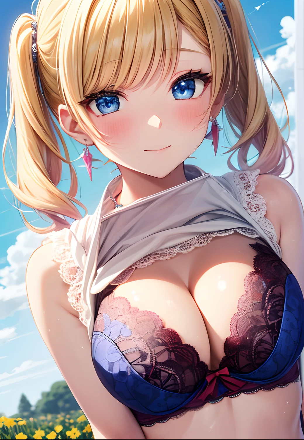 absurderes, ultra-detailliert,bright colour, extremely beautiful detailed anime face and eyes, view straight on, ;D, shiny_skin,25 years old, (Lace Sleeveless Lift:1.6),(Fashionable bras:1.5) ,Short hair, , asymmetrical bangs, Blonde hair with short twin tails, Shiny hair, Delicate beautiful face, red blush、(Deep Blue Eyes:1.3), White skin, hair clips, earrings, a necklace, Brown clothes, Beautiful cloud, Dusk sky,flower  field,upper body