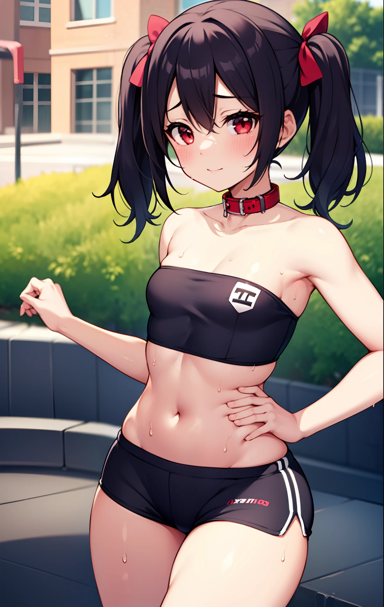 Yazawa nico,red eyes , twintails, green top, strapless,off shoulder, midriff, gym shorts,thicc ,(small breasts), standing, outdoors, hips,thighs, looking at viewer, sweating, sexy, sexy pose, sexual arousal,(lips:0.6), collar bone