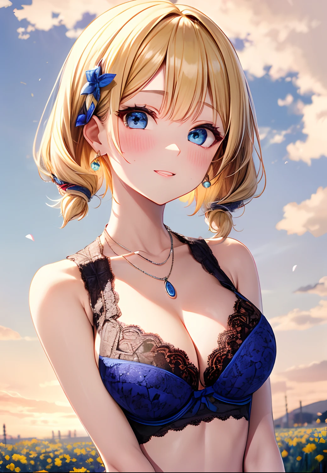 absurderes, ultra-detailliert,bright colour, extremely beautiful detailed anime face and eyes, view straight on, ;D, shiny_skin,25 years old, (Lace Sleeveless Lift:1.6),(Fashionable bras:1.5) ,Short hair, , asymmetrical bangs, Blonde hair with short twin tails, Shiny hair, Delicate beautiful face, red blush、(Deep Blue Eyes:1.3), White skin, hair clips, earrings, a necklace, Brown clothes, Beautiful cloud, Dusk sky,flower  field,upper body