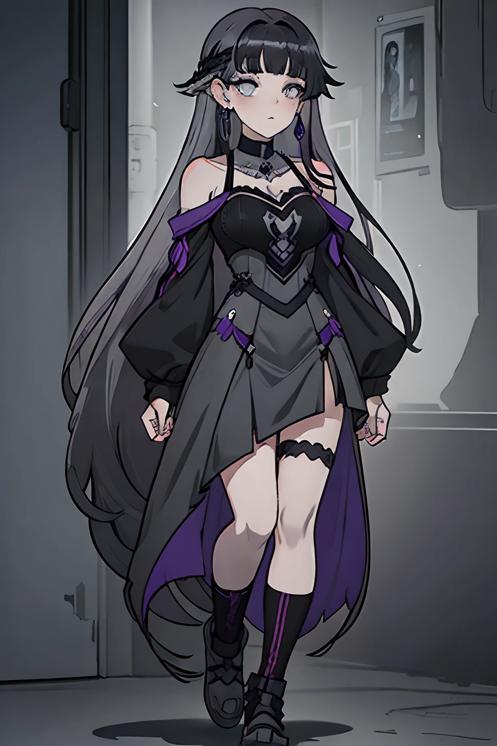 black hair, blunt bangs, blunt ends, chin piercing, colored inner hair, ear piercing, (grey eyes:1.5), hime cut, long hair, medium bangs, multicolored hair, piercing, purple hair, bare shoulders, black cho ,full body, manga