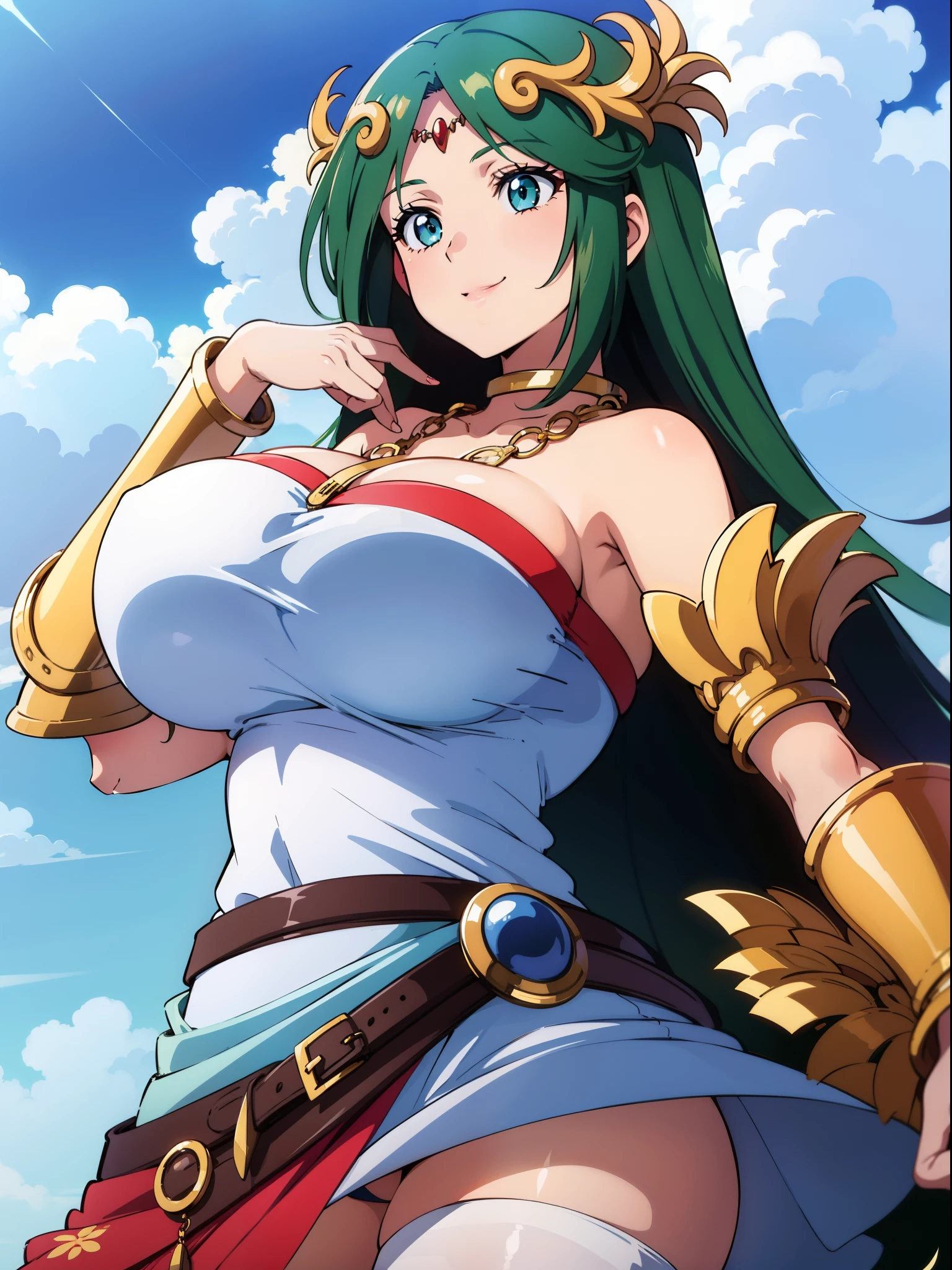 1990s anime cels style, 1990s manga style, best quality, high resolution, 1girl, (huge breasts:1.2), Beautiful face, smile, hmpa1, palutena, parted bangs, tiara, large breasts, necklace, bare shoulders, strapless dress, vambraces, belt, white dress, white thighhighs, single thighhigh, sky