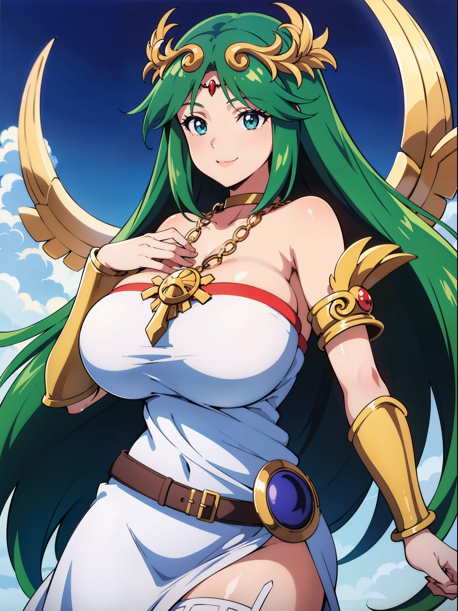 1990s anime cels style, 1990s manga style, best quality, high resolution, 1girl, (huge breasts:1.2), Beautiful face, smile, hmpa1, palutena, parted bangs, tiara, large breasts, necklace, bare shoulders, strapless dress, vambraces, belt, white dress, white thighhighs, single thighhigh, sky