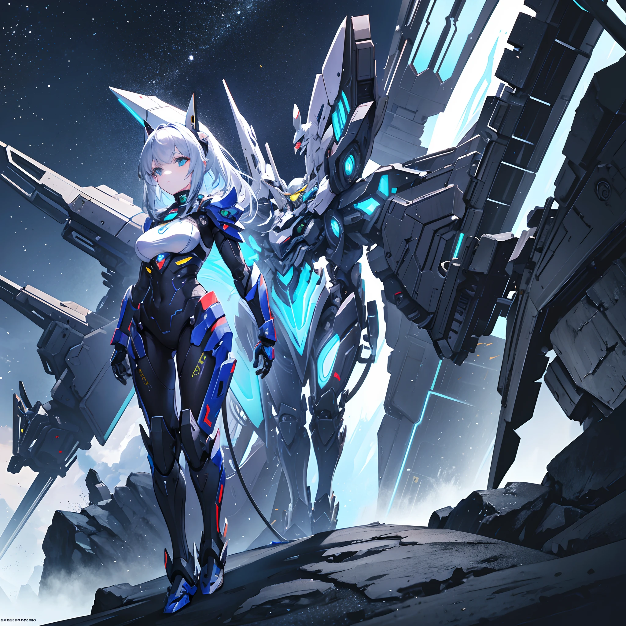 Mechanical, Mecha, solo person, Solo,(giganticbreasts:0.8)，European knights，machine girl，Para cobrir seu rosto，Full coverage masks，Black iron boots，Black hand armor，Full body like，Stand under the night of the aurora，Walk in the wilderness，white backgrounid，simplebackground, technological background,