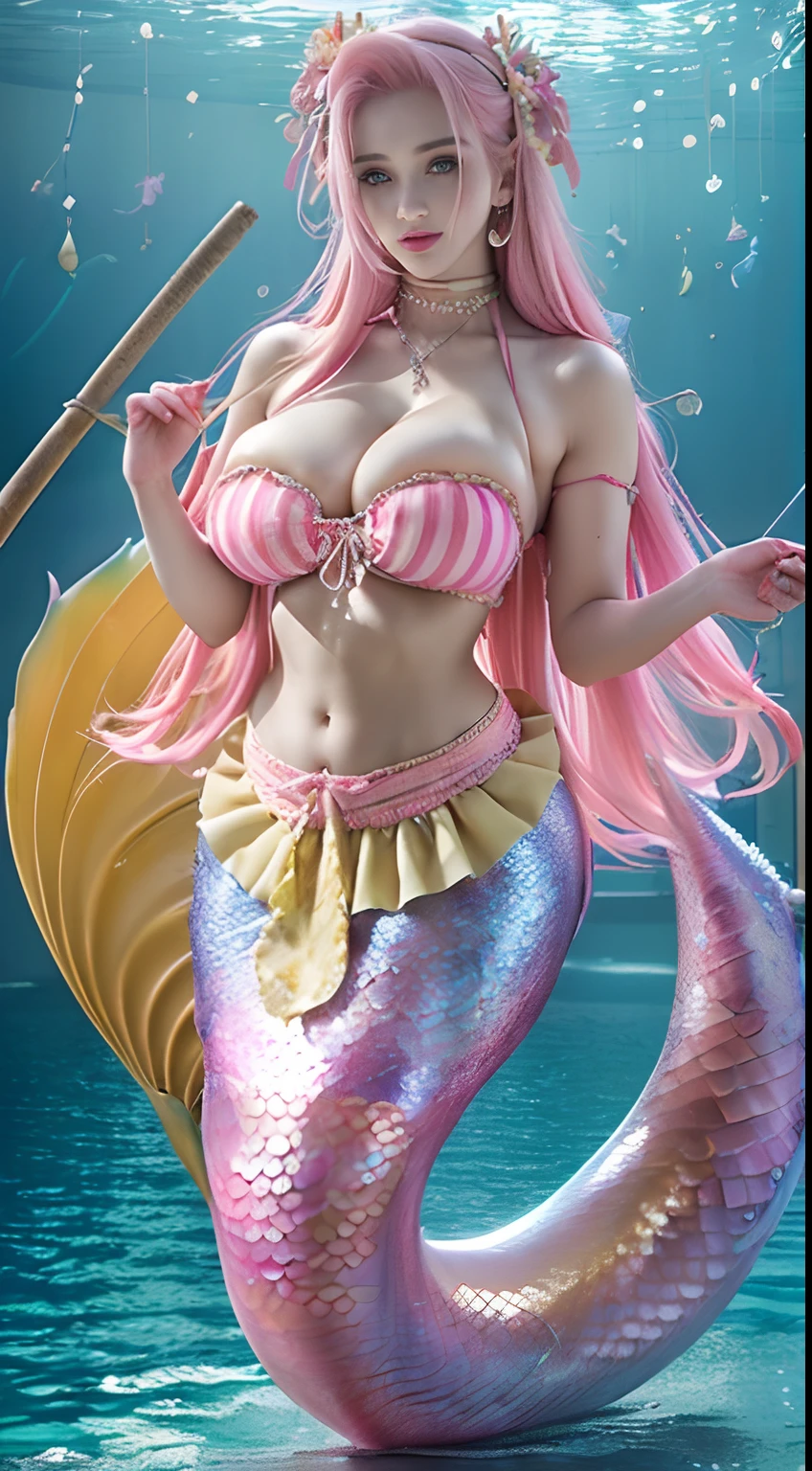 (((masterpiece))), (((best quality))),
(((expressive eyes))), (((Perfect face))), (((1girl))), (((cute))), (((solo))), (((girl))), (((long hair))),
(((very long hair))), (((pink hair))), (((taiyaki shaped hair grip))), (((big breasts))), (((striped tail))), ( ((ruffles around her waist))), (((cleavage))), (((yellow halter top covered in pearls with straps that flare and stick out at the back of her neck))), (((shell earrings))), ( ((belly chain with cloth hanging in front))), (((very long tail))), (((pink tail))), (((pink tail))), (((mermaid tail striped))), (((multicolored tail)))
mermaid, mermaid tail, inside the seabed,