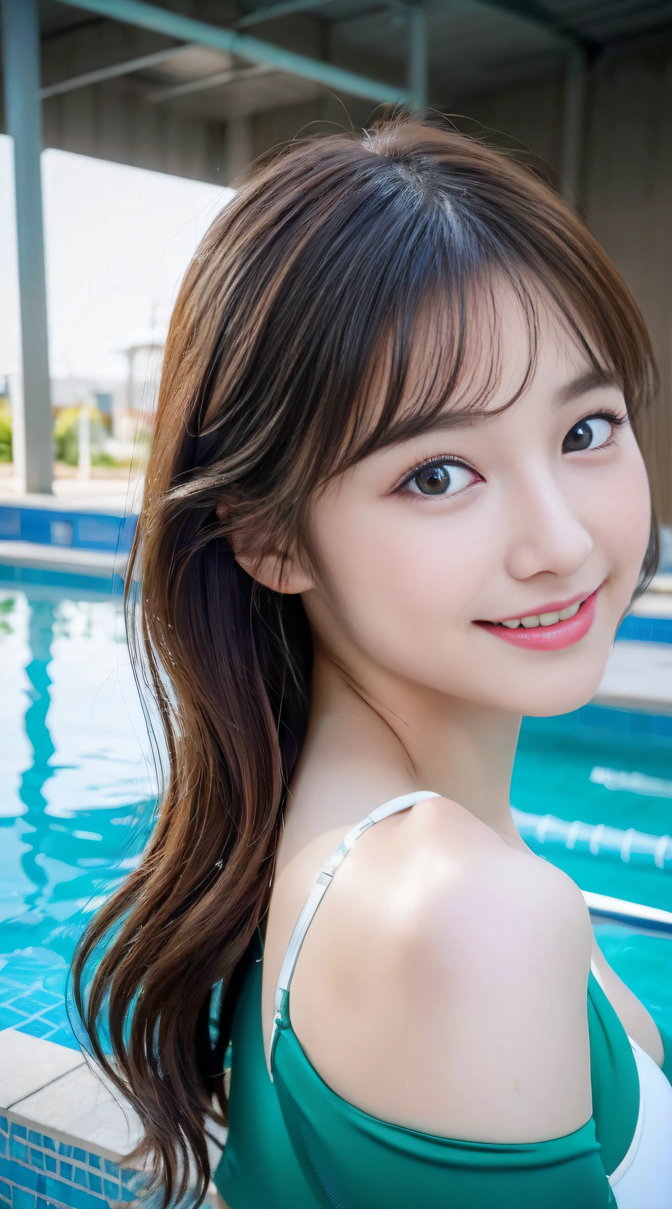 table top, highest quality, shape, Super detailed, finely, High resolution, 16k, perfect dynamic composition, straight hair, medium hair, brown hair,natural color lip, smile, 20歳のgirl、cute、beautiful、完璧でbeautiful顔, beautiful and detailed face, slim face and body, Elegant face, KPOP idol face、Japanese idol faces、small face、Big eyes, brown eyes, droopy eyes, 緻密でbeautiful目, girl, No bangs, swimsuit、pool、swim