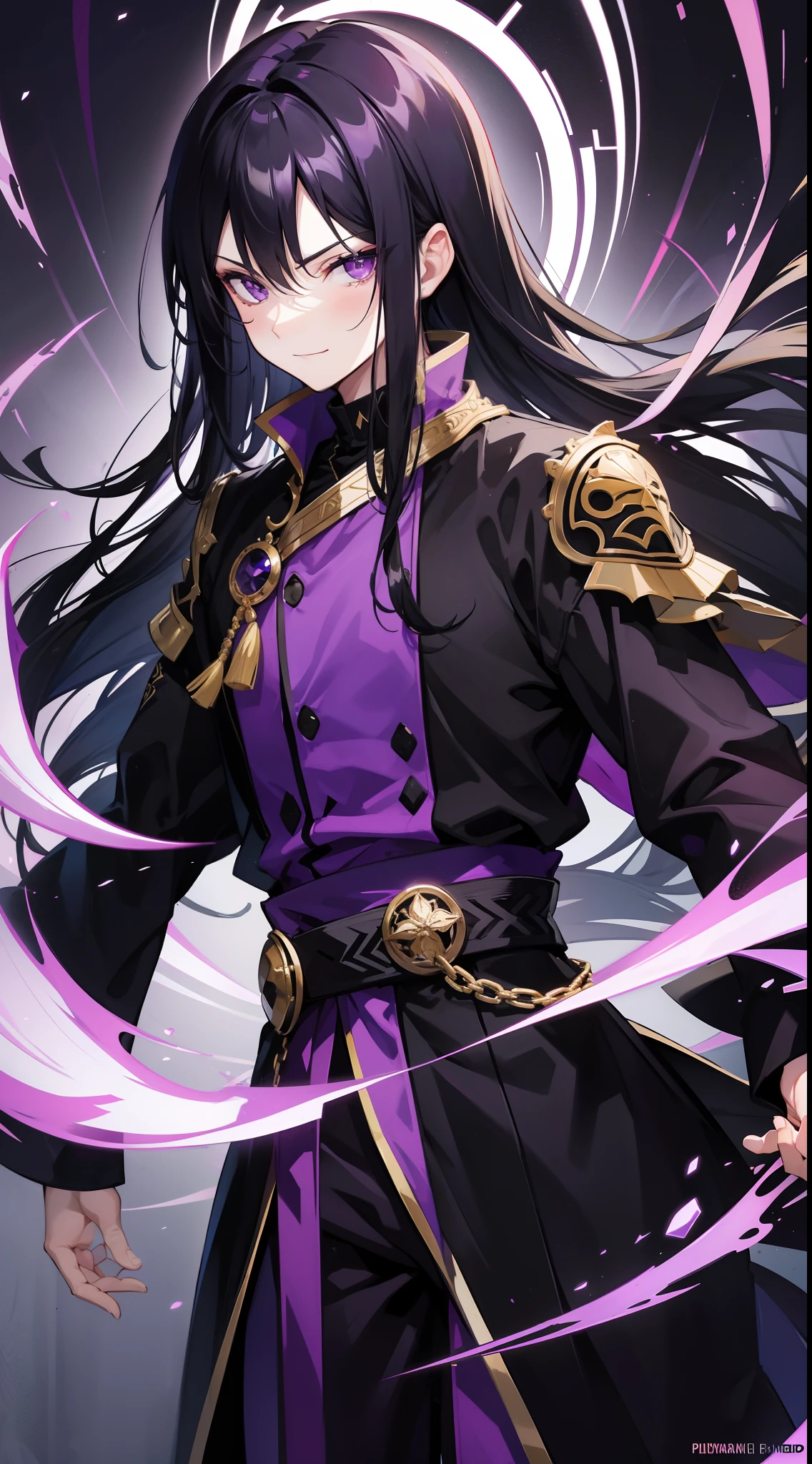 Grown-up guy, Long black hair, violet eyes, smirk, Fiadem, Purple Royal Ninja, Gold Elements, Masterpiece, hiquality, 4k, HD, Good detail