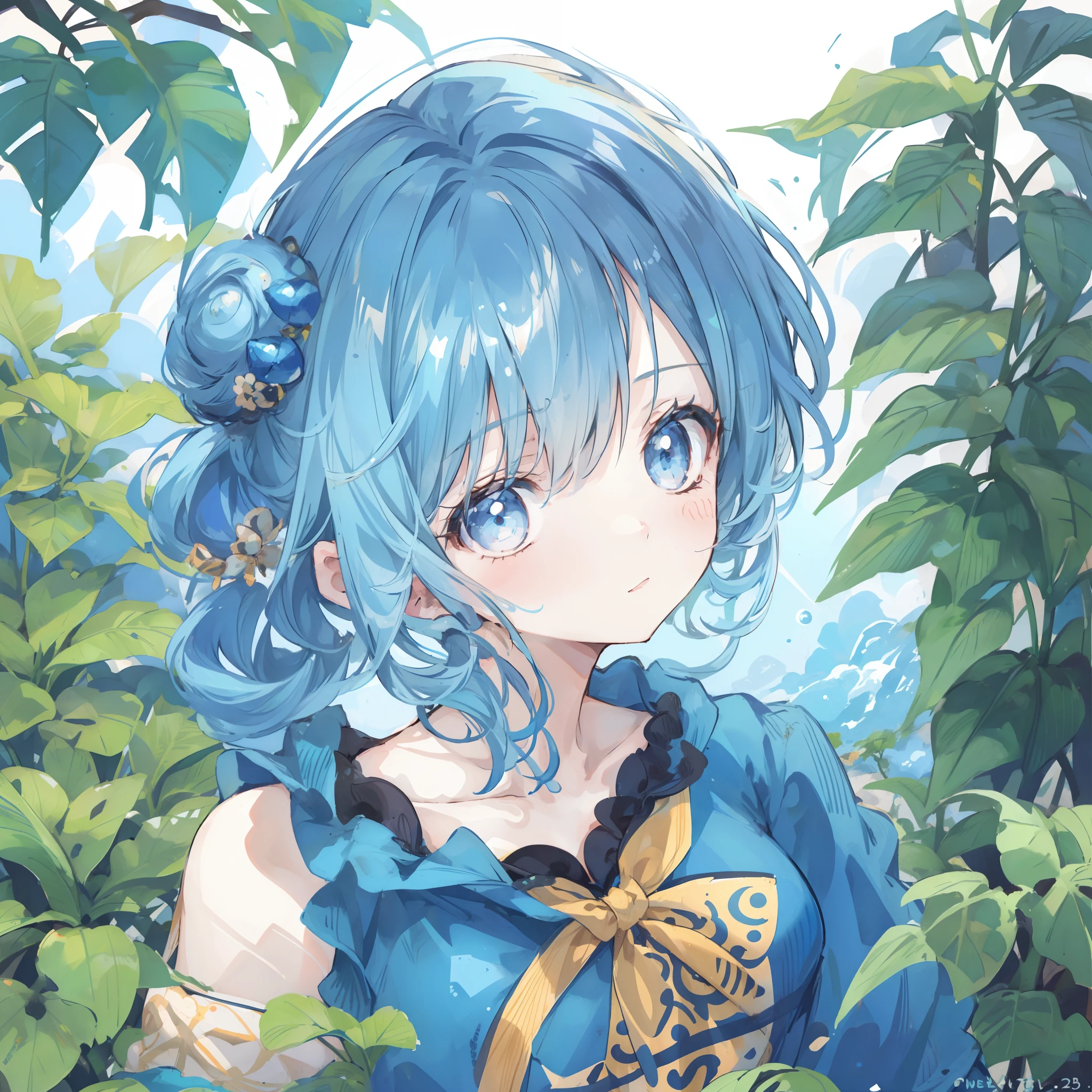 1girl,jungle,:|,beehive hairdo,eye reflection,casual one-piece swimsuit,blue theme hair,