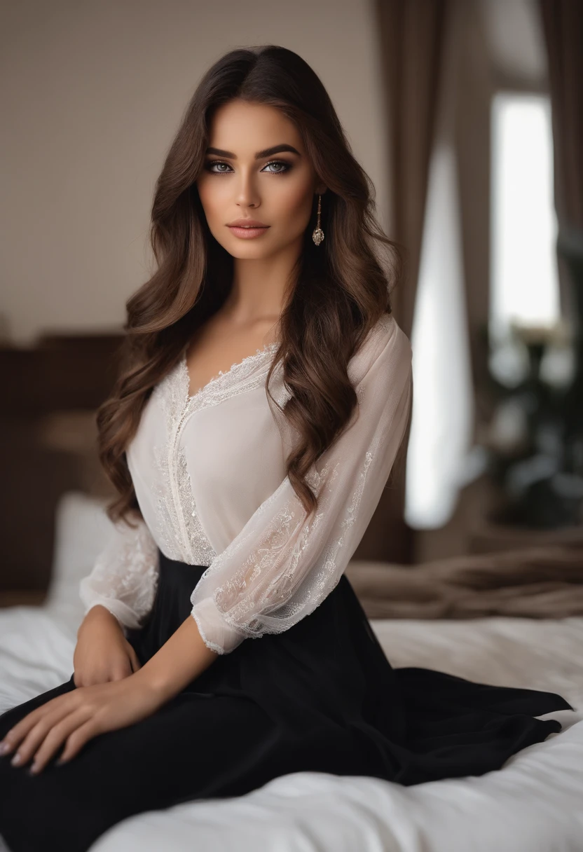 Arafed woman completely , fille sexy aux yeux bruns, ultra realist, Meticulously detailed, Portrait Sophie Mudd, cheveux bruns et grands yeux, selfie of a young woman, Dubai Eyes, Violet Myers, sans maquillage, maquillage naturel, looking straight at camera, Visage avec Artgram, Maquillage subtil, Great photo of the whole body kneeling on the bed, dans la chambre, Medium to large bust