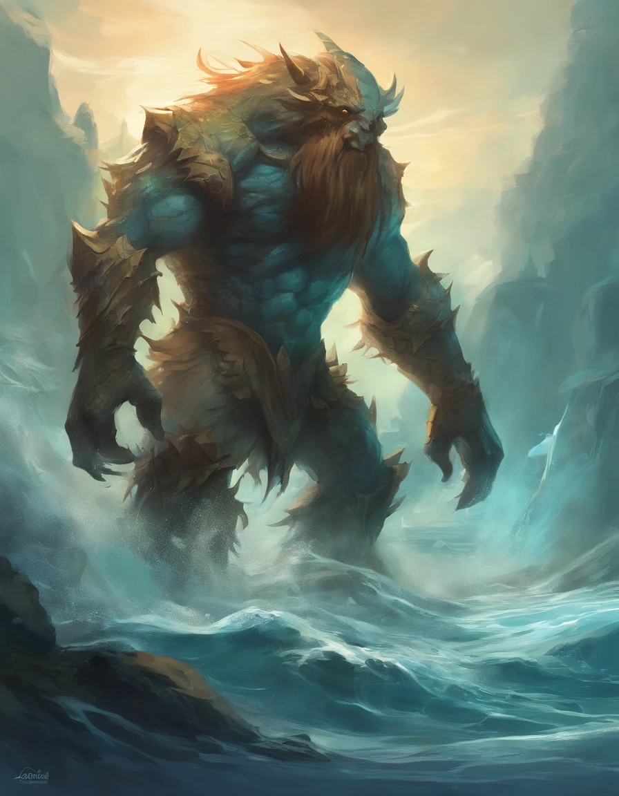 Tough water golem, monster, fantasy is a strong water whole body, sharp with spikes all over the body, big blue. Long standing, character design