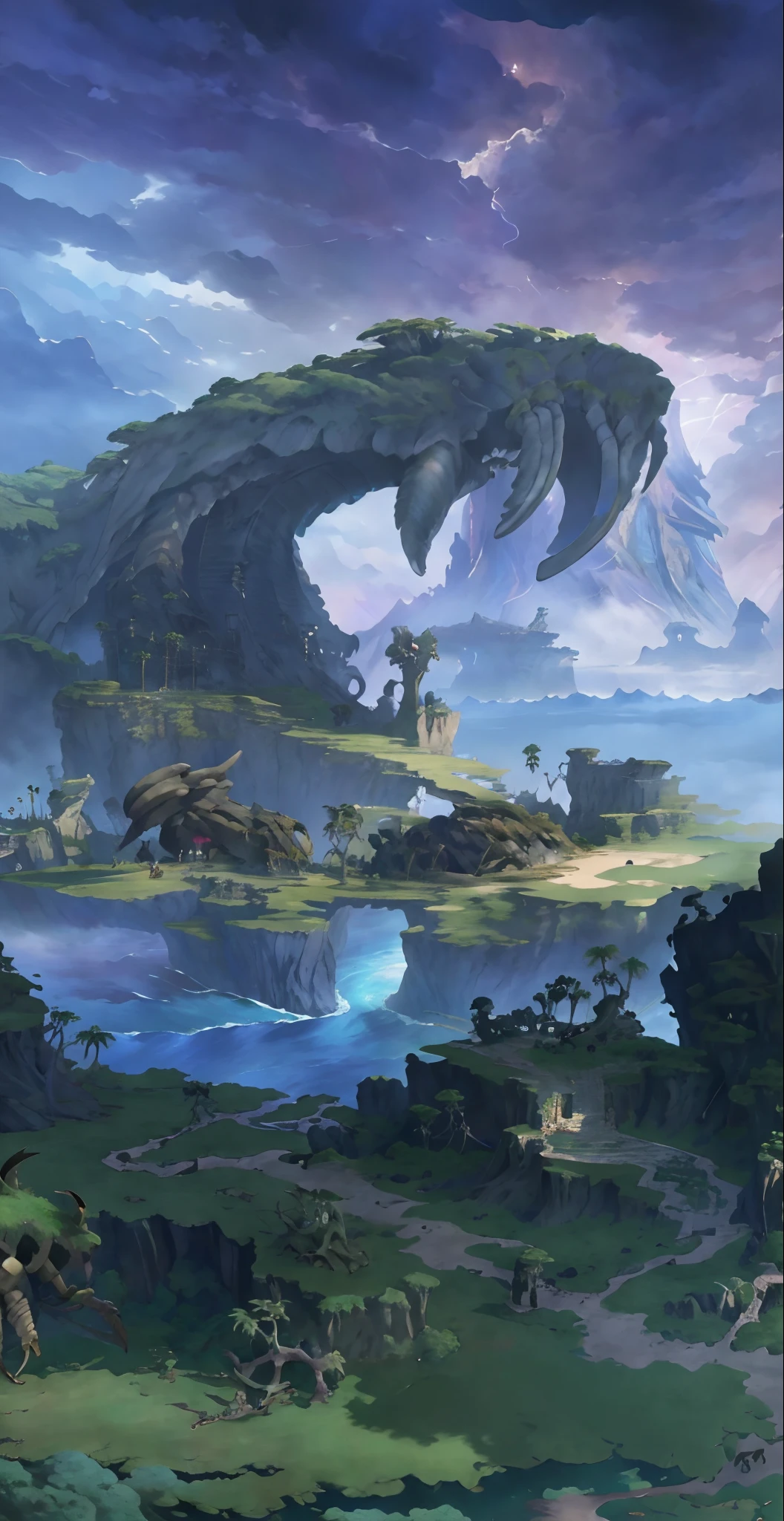 Game HD wallpaper，There is a river inside,Huge animal bones，Tropical island background，The sky is full of thunderclouds，Scattered behemoth skeletons，2D fantasy art, epic matte painting of an island, fantasy concept art, ,Cartoon anime art， fantasy world concept，HighestQuali，top-quality，Highest pixel，Miyazaki anime art style，Shinkai Makoto anime art style，in style of ghibli，8K，Ray traching，Core Behemoth Island！！！