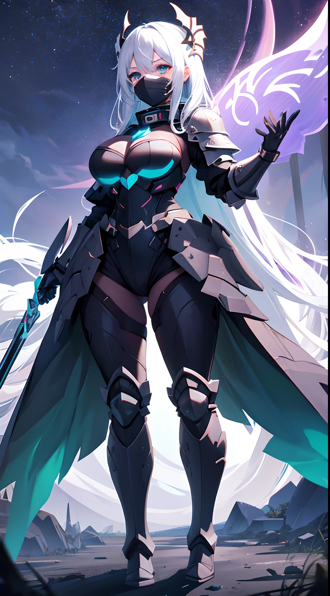 (gigantic breasts:0.8)，European knights，machine girl，Para cobrir seu rosto，Full coverage masks，Black iron boots，Black hand armor，Full body like，Stand under the night of the aurora，Walk in the wilderness，white backgrounid，simplebackground