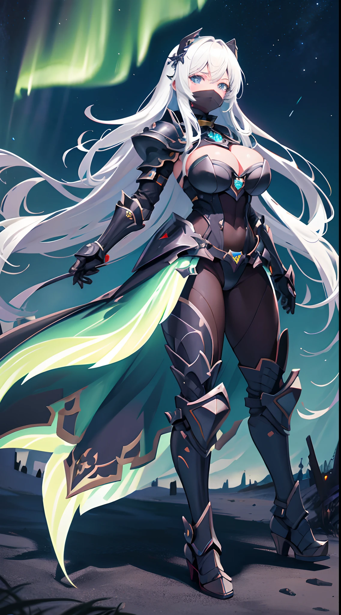 (gigantic breasts:0.8),European knights,machine girl,Para cobrir seu rosto,Full coverage masks,Black iron boots,Black hand armor,Full body like,Stand under the night of the aurora,Walk in the wilderness,white backgrounid,simplebackground