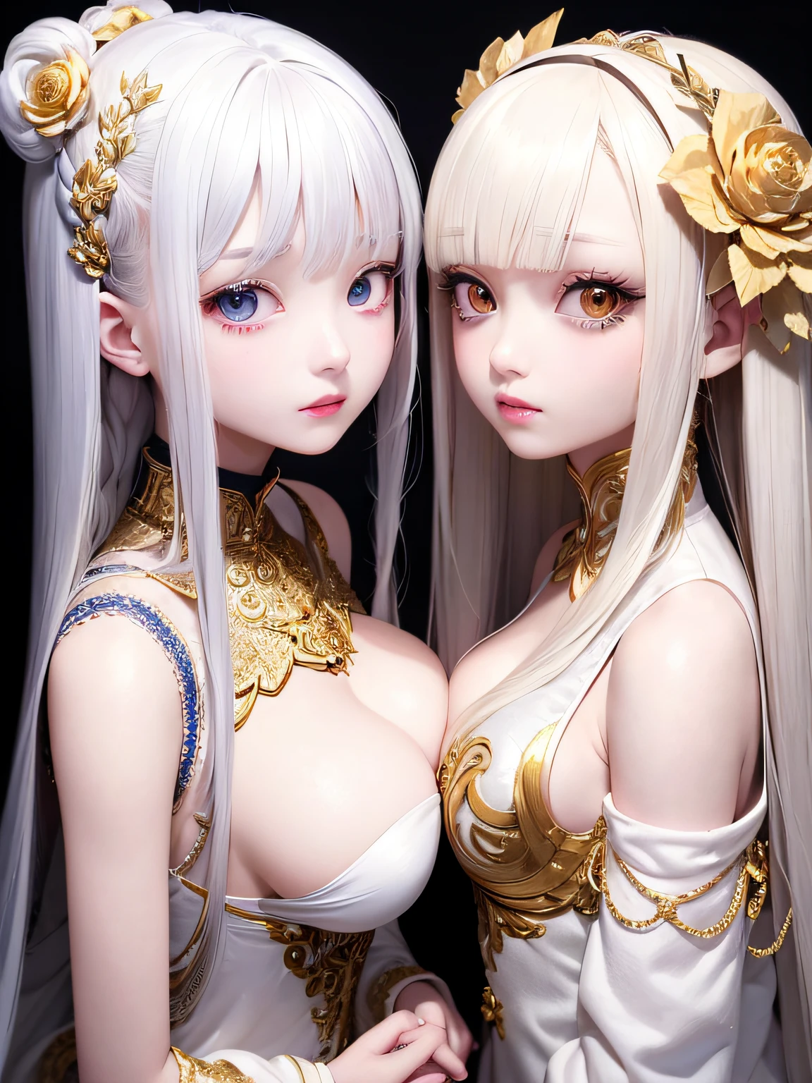 top-quality、masterpiece、white hair、Gold Eye、white clothes、look up to、The upper part of the body、Hair strands、light skinned、Side braid、White clothes, 2 girls, Beautiful breasts,
