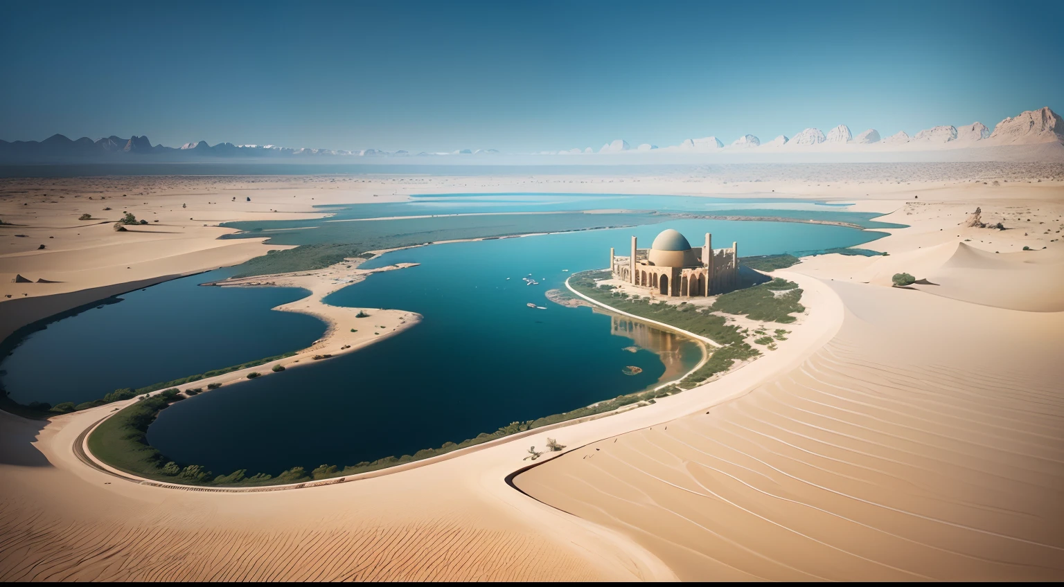 super wide shot,Vast desert,Fantastic desert forest,Heart-shaped lake,(zoomout:1.2),(Greenery:1.2),Dubai,Animal remains,Desolate and lonely,Fantastic design, Best quality, Very detailed, Masterpiece, movie light effect, 8K,epic fantasy digital art,high definition resolution,Detailed detail drawing,