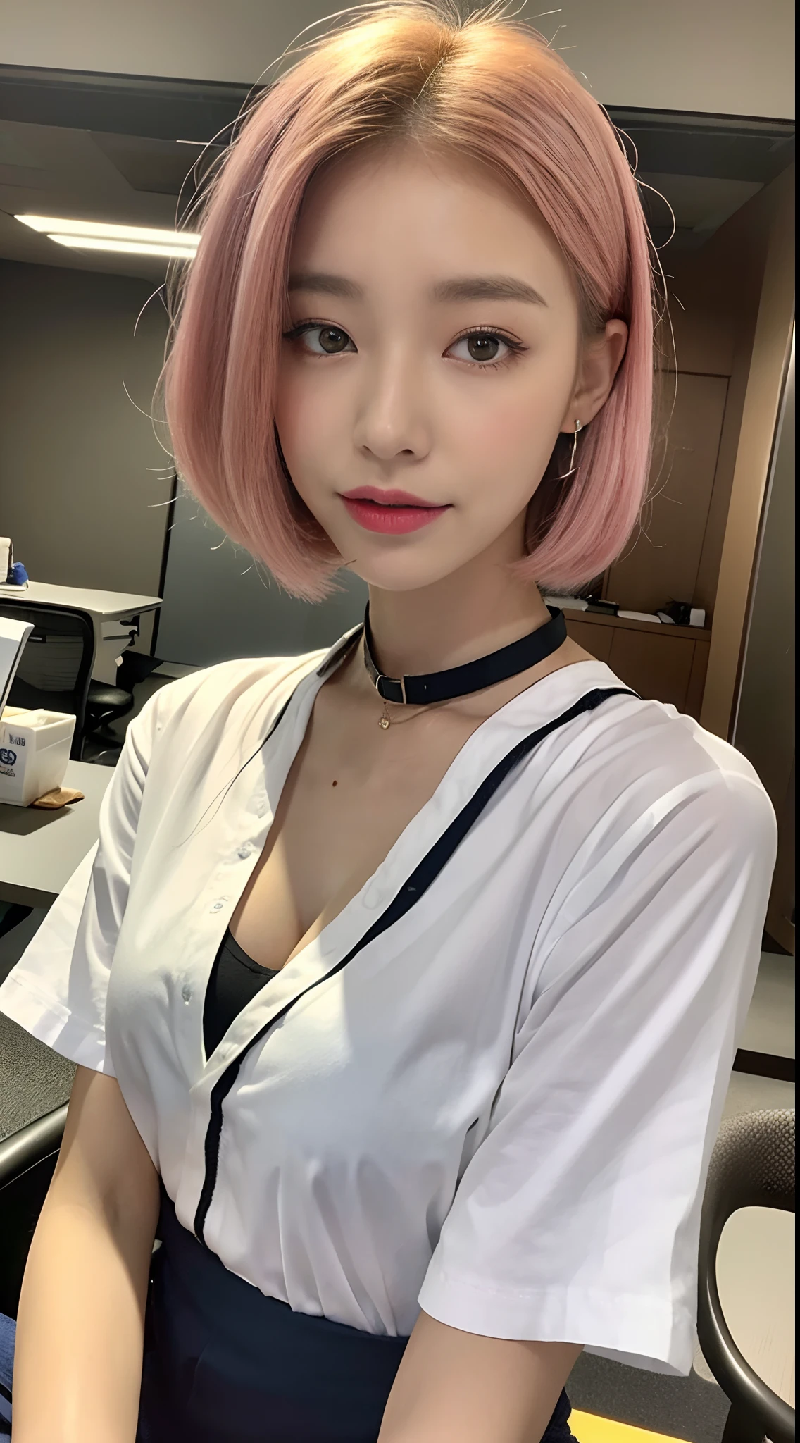 ((top-quality、8K、masterpies:1.3、Being in the company、OL、Office Casual Setup、Big under a white shirt with collar))、1girl in、Slim Beauty:1.3、Super Detail Face、Delicat eyes、二重まぶた、facial expression of smile、full body Esbian、Pink hair、Suntan-Skin、20yr old、bobhair、short-cut、erotick、Sensual look、stare