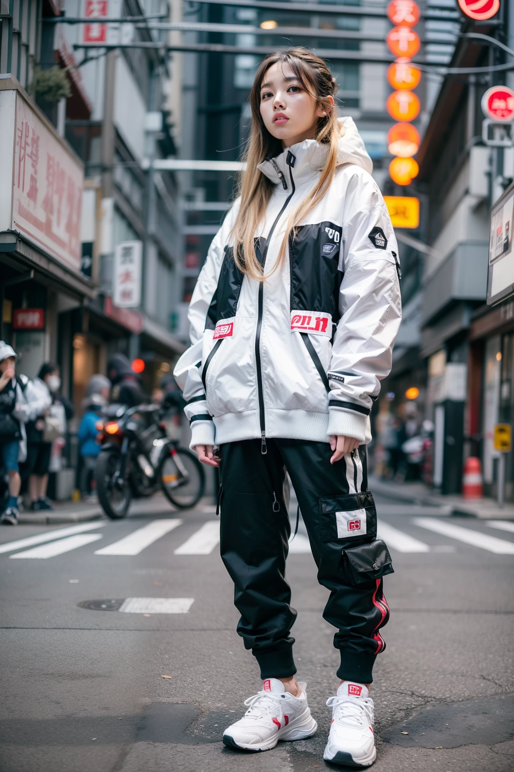 Alafed woman in white jacket and black pants stands on the street, japanese streetwear, wearing japanese techwear, Anime style mixed with Fujifilm, she is wearing streetwear, Tokyo Inspire, woman in streetwear, female streetwear blogger, pokimane, Wearing ancient streetwear, kyoto inspired, inspired by Nōami, inspired by Kaii Higashiyama