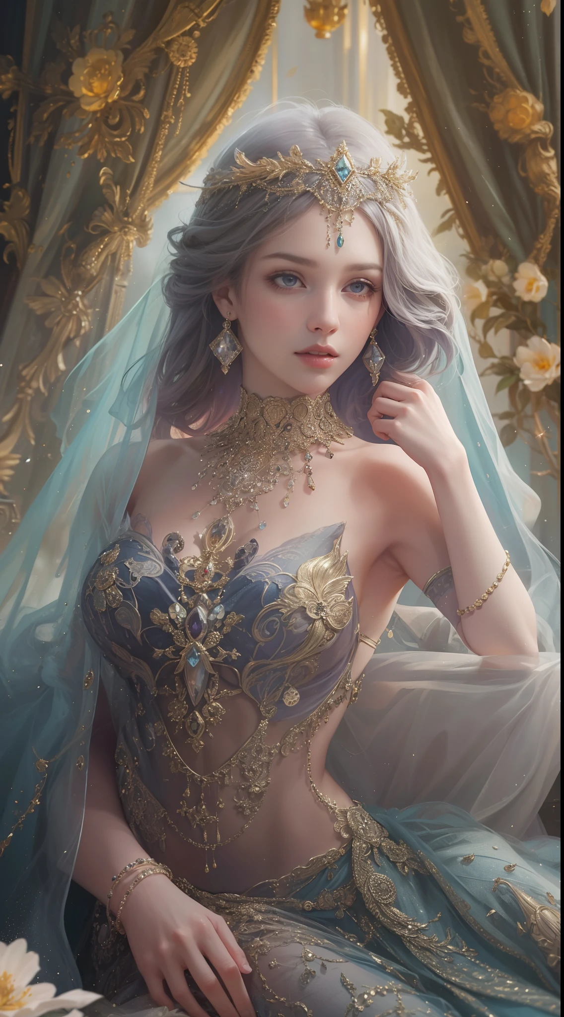 ultra realistic 8k cg, picture-perfect face, flawless, clean, masterpiece, professional artwork, famous artwork, cinematic lighting, cinematic bloom, perfect face, beautiful face, beautiful eyes, ((perfect female body, narrow waist, small breast, wide hips)), black hair, gorgeous queen, royal, divine, goddess, godlike, (royal palace), fantasy, dreamlike, unreal, science fiction, perfect breasts, beautiful clothes, lace, lace trim, lace-trimmed legwear, nsfw, absurdly long hair, very long hair, (rich:1.4), prestige, luxury, jewelry, diamond, gold, pearl, gem, sapphire, ruby, emerald, intricate detail, delicate pattern, sexy, charming, alluring, seductive, erotic, enchanting, hair ornament, necklace, earrings, bracelet, armlet, elegant, attractive, blue eyed, pretty, sweet