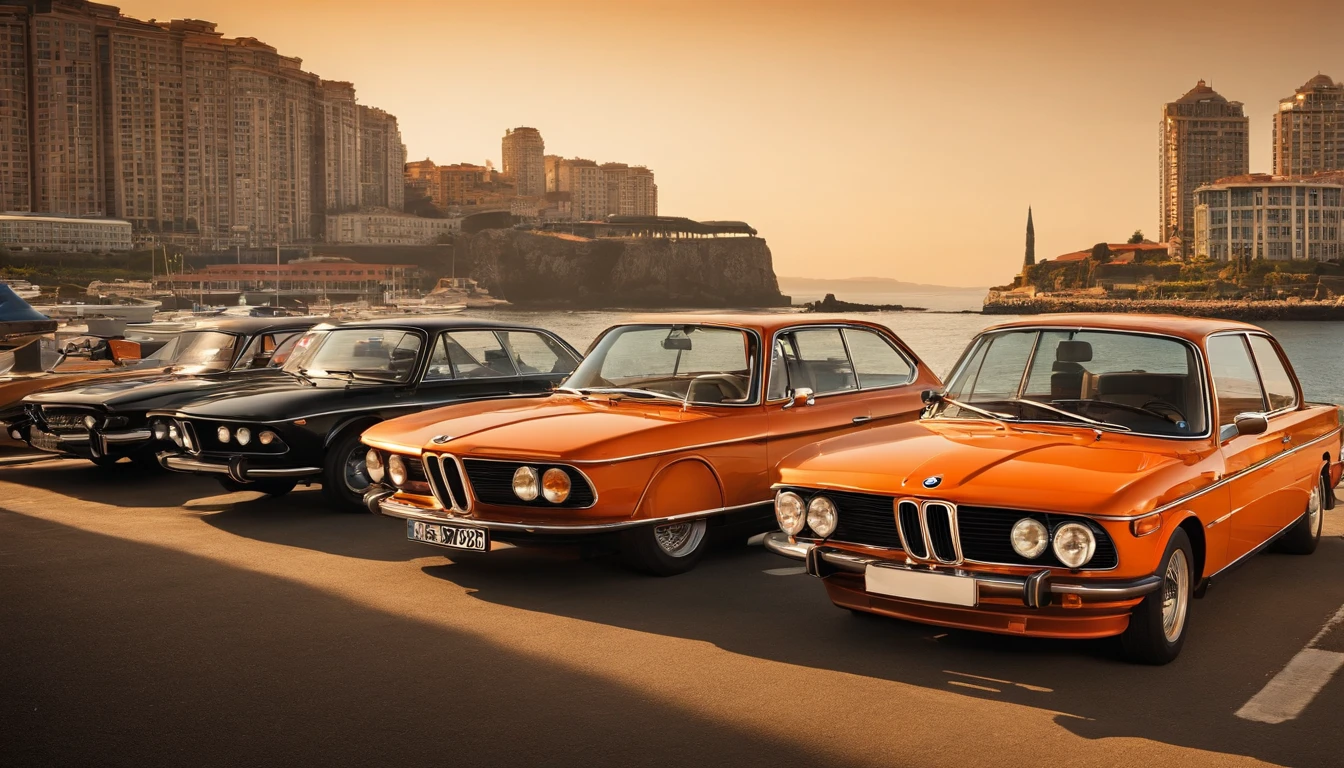 (Masterpiece, high resolution, Picturesque:1.2), BMW cars from the 1970s, (Vintage orange exterior:1.1), iconic design, Coastal harbor cruise, (light bounce:1.2), bathed in sunlight, The sea breeze rustles, (Harbour view:1.1), The waves lapping against the shore, Reflect the city skyline, nostalgic ambiance, interplay of light and shadow, Rich layers, Captivating moments, Old world street view, Vintage feel, Fading moments