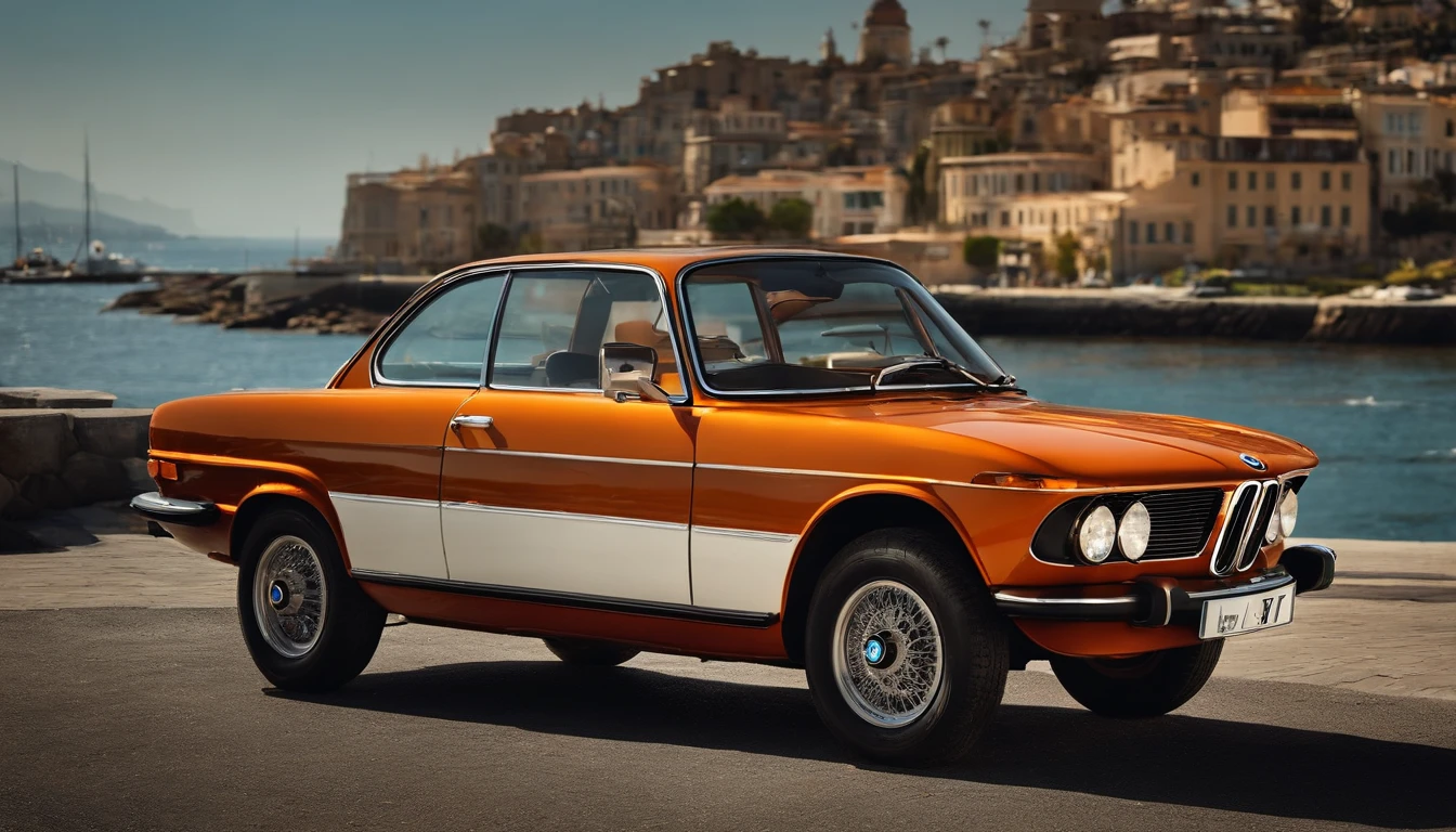 (Masterpiece, high resolution, Picturesque:1.2), BMW cars from the 1970s, (Vintage orange exterior:1.1), iconic design, Coastal harbor cruise, (light bounce:1.2), bathed in sunlight, The sea breeze rustles, (Harbour view:1.1), The waves lapping against the shore, Reflect the city skyline, nostalgic ambiance, interplay of light and shadow, Rich layers, Captivating moments, Old world street view, Vintage feel, Fading moments