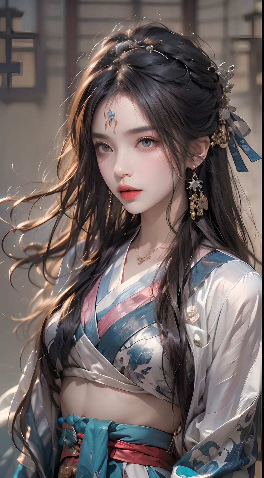Photorealistic, high resolution, 1 woman, Hips up, Beautiful eyes, Long hair, ringed eyes, jewelry, tattoo, Hanfu, Chinese fairy, Taoist uniform
