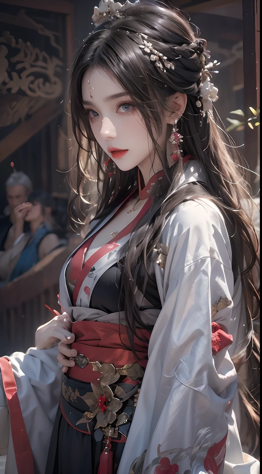 Photorealistic, high resolution, 1 woman, Hips up, Beautiful eyes, Long hair, ringed eyes, jewelry, tattoo, Hanfu, Chinese fairy, Taoist uniform